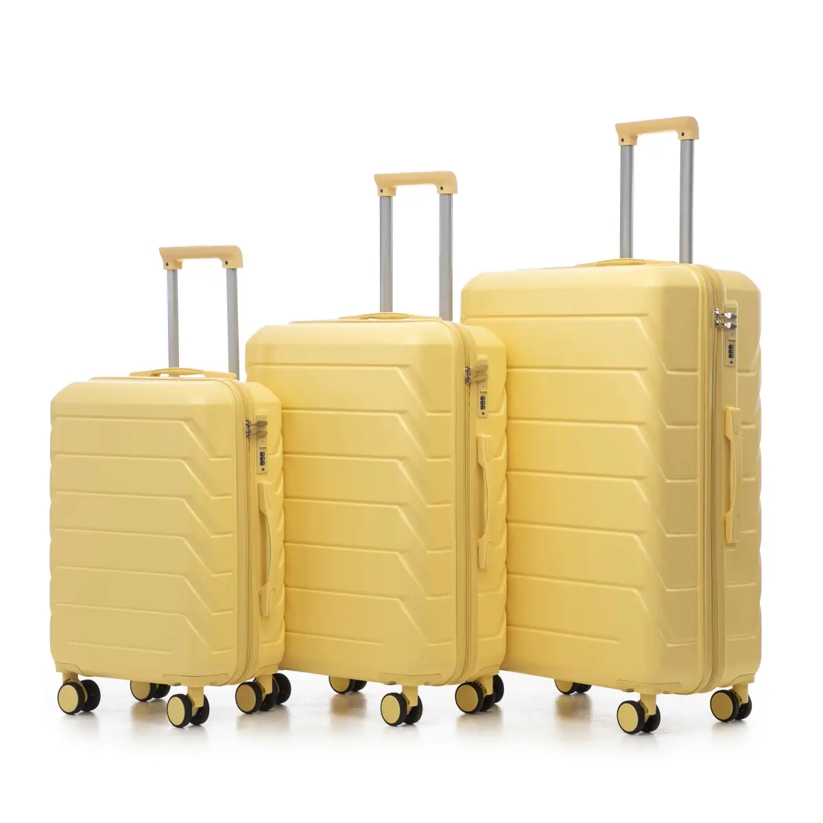 Hardshell 3-Piece Rolling Bag Set (20" Carry-On, 24", 28") - Yellow Striped Waterproof ABS Synthetic Luggage with Spinner Wheels, Combination Lock, Buckle, Zipper, Retractable Handle, Load Capacity Support