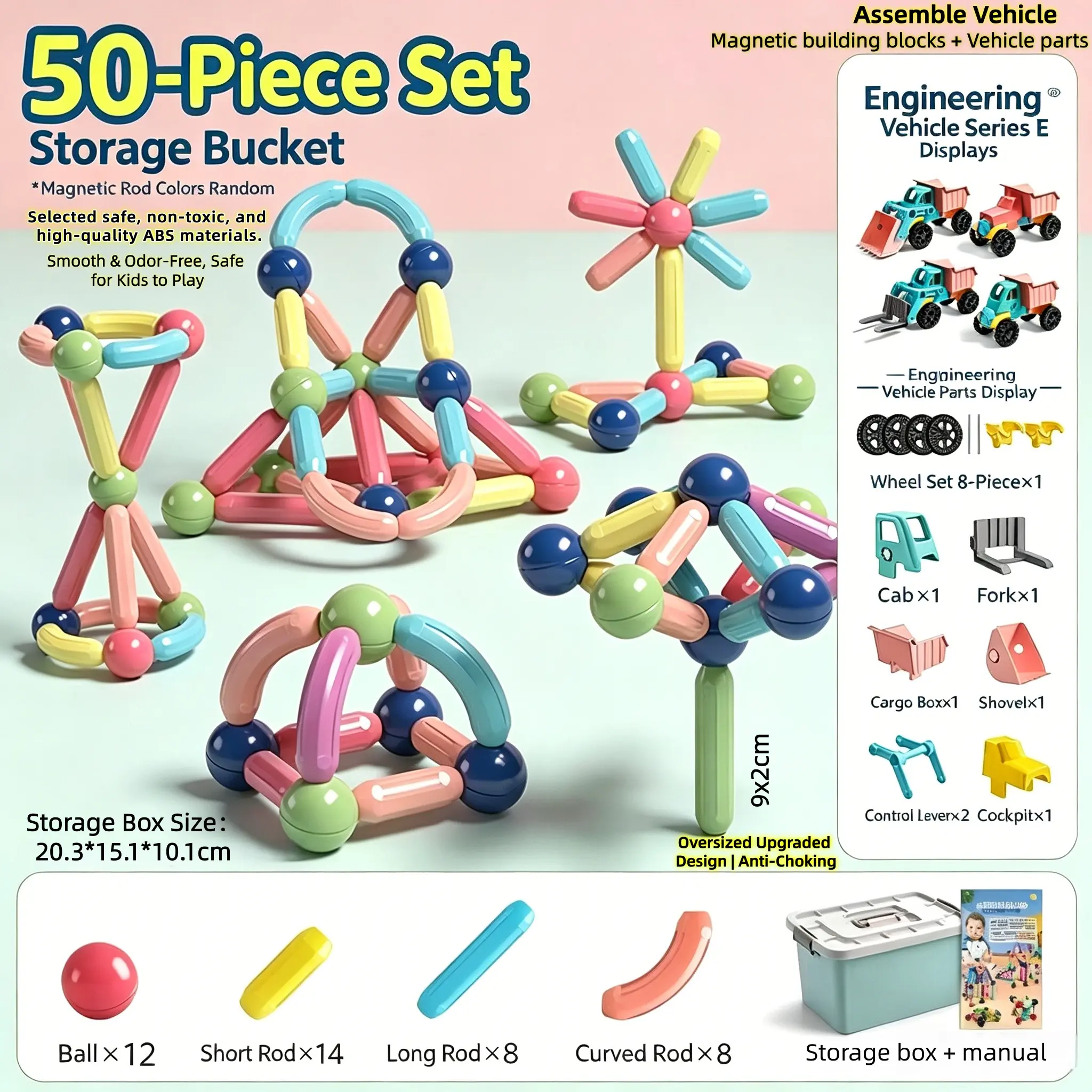 DIY 50Pcs Oversized Magnetic Building Sticks Set with Engineering Car Parts,Smooth Odor-Free Anti-Choking Magnet Balls Blocks, STEM Educational Toddler Toy with 2000ml Storage BoxSafe  Odor-Free Large Magnet Construction Learning Play Toy Gift for Kids 3+