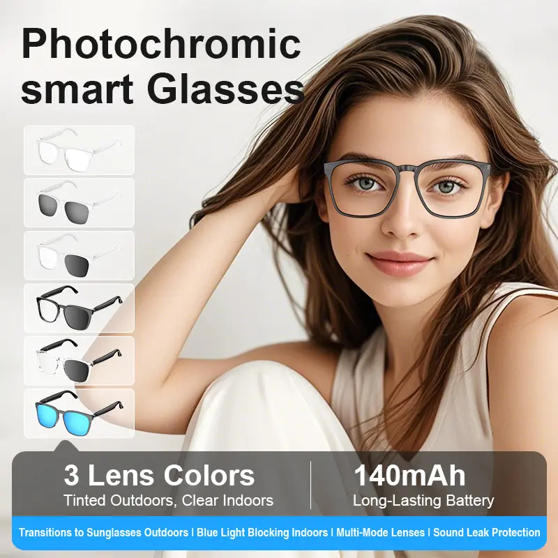 AI Translator Smart Glasses with Photochromic Lenses Bluetooth Music Call Driving Audio Glasses Multifunctional Vision Protection for Outdoor Sports and Daily Use