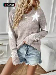 Women's Star Print Drop Shoulder Sweater, Casual Fitted Long Sleeve Round Neck Jumper for Fall & Winter, Fashion Ladies' Knitwear for Daily Wear, Tops