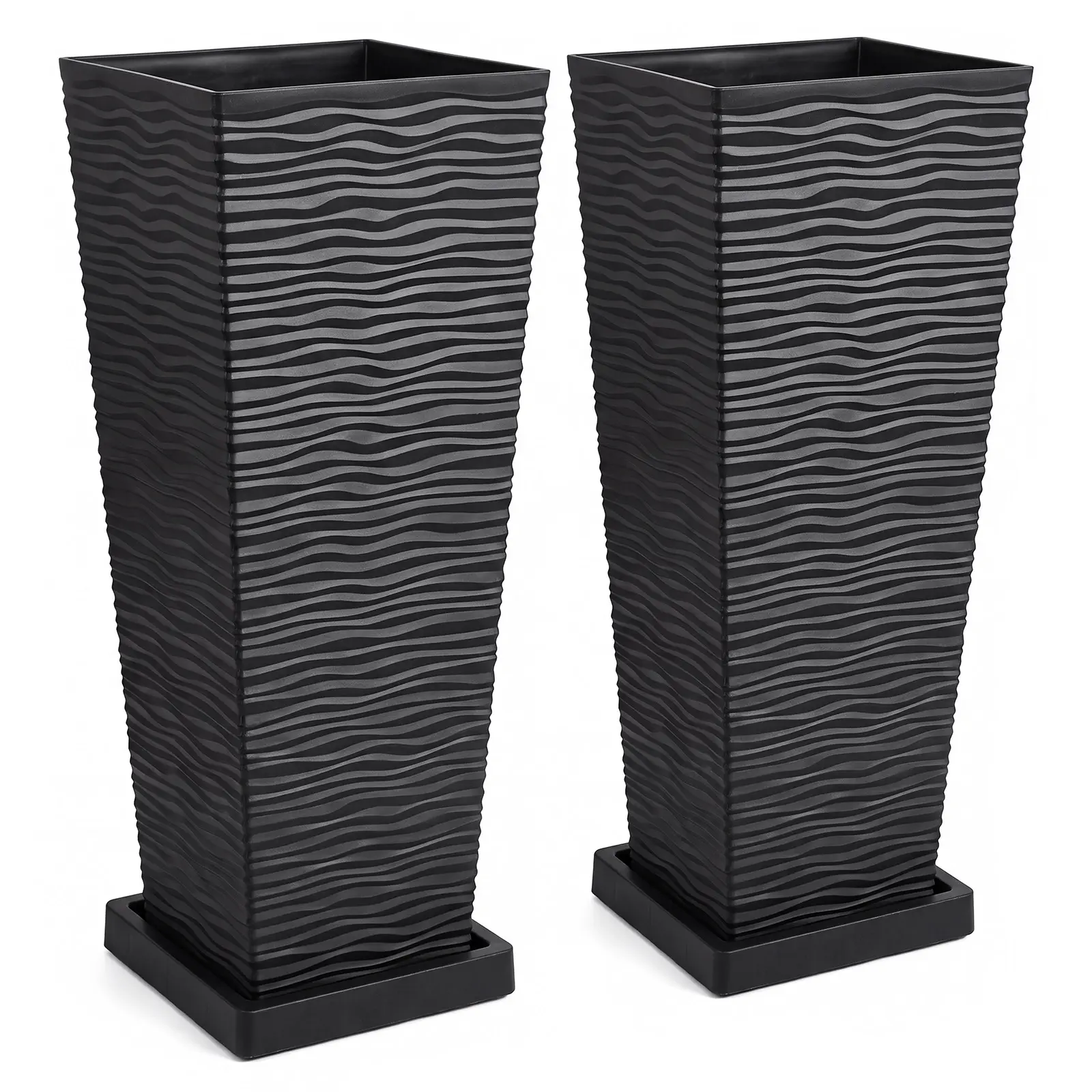 Modern Tall Rectangular Planter Box, 32 in Large Indoor/Outdoor Plant Pot - Durable Construction - Drainage Tray/Saucer - Patio Front Porch Backyard Decor