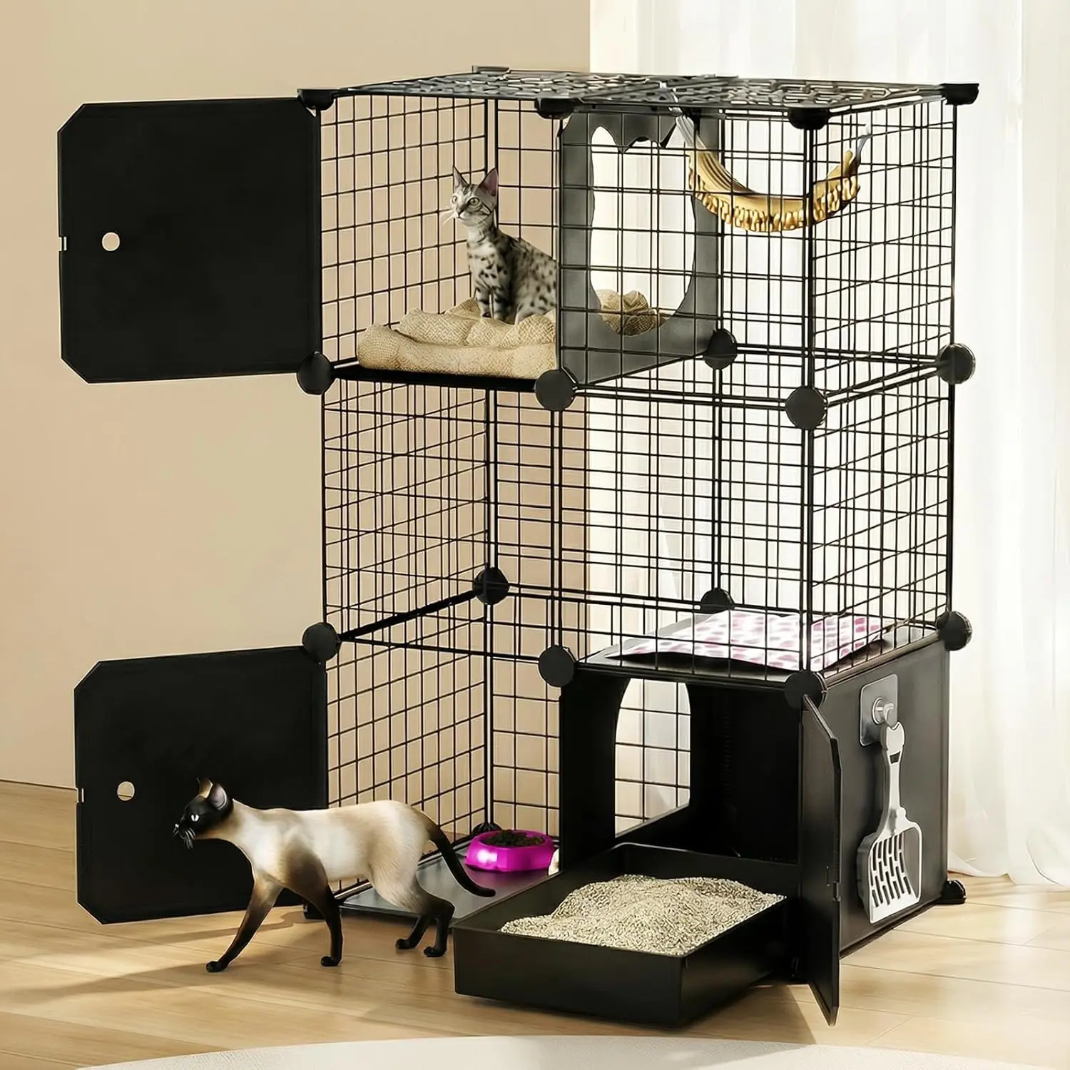 Cat Enclosure Indoor with Litter Box, 3-Tier Metal Wire Cat Cage, DIY Detachable Design for Cats, Kittens & Small Animals, Multi-Level Kennel