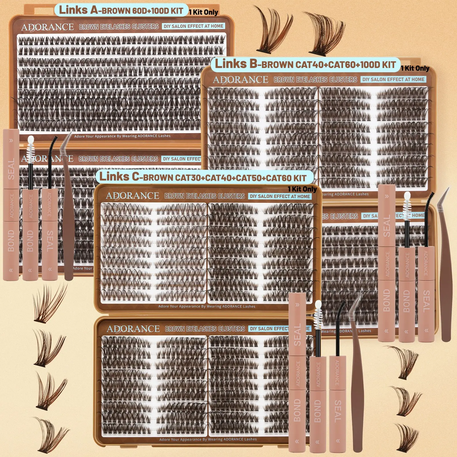 ADORANCE Brown Cat Eye Lash Clusters Kit, Fluffy Wispy Individual Makeup Eyelash Extensions, Natural Volume D Curl Cluster Lashes, DIY Lash Extension Kit with Bond & Seal and Application Tweezers