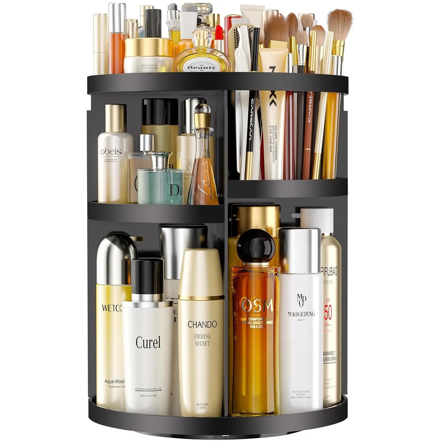 Makeup Organizer 360 rotating, Adjustable Skincare Organizers with Brush Holder,  Display Cases for  Bathroom Countertop Large Capacity Carousel Make up  Shelf (Black)