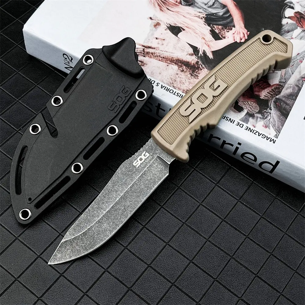 Desert color tactical survival straight knife, stone-washed 7Cr13Mov blade, nylon fiber handle, tail hole for rope, suitable for hiking camping, outdoor exploration, and vehicle-mounted emergency use, Survival Equipment, Outdoor survival tools
