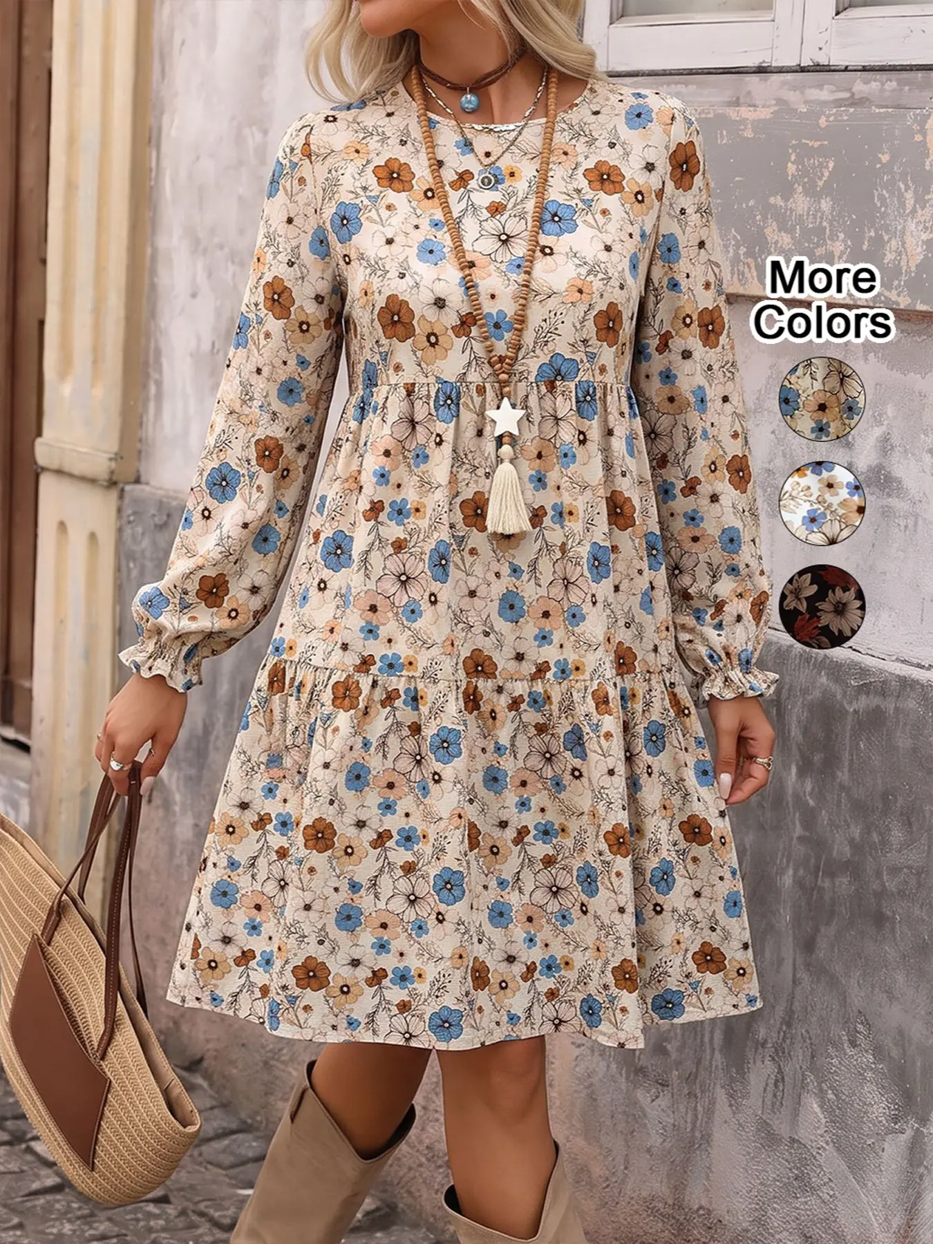 Women's Floral Print Tie Neck Flounce Sleeve Dress, Elegant Fashion Casual Dress for Daily Outdoor Wear, Women Dress for Spring Fall