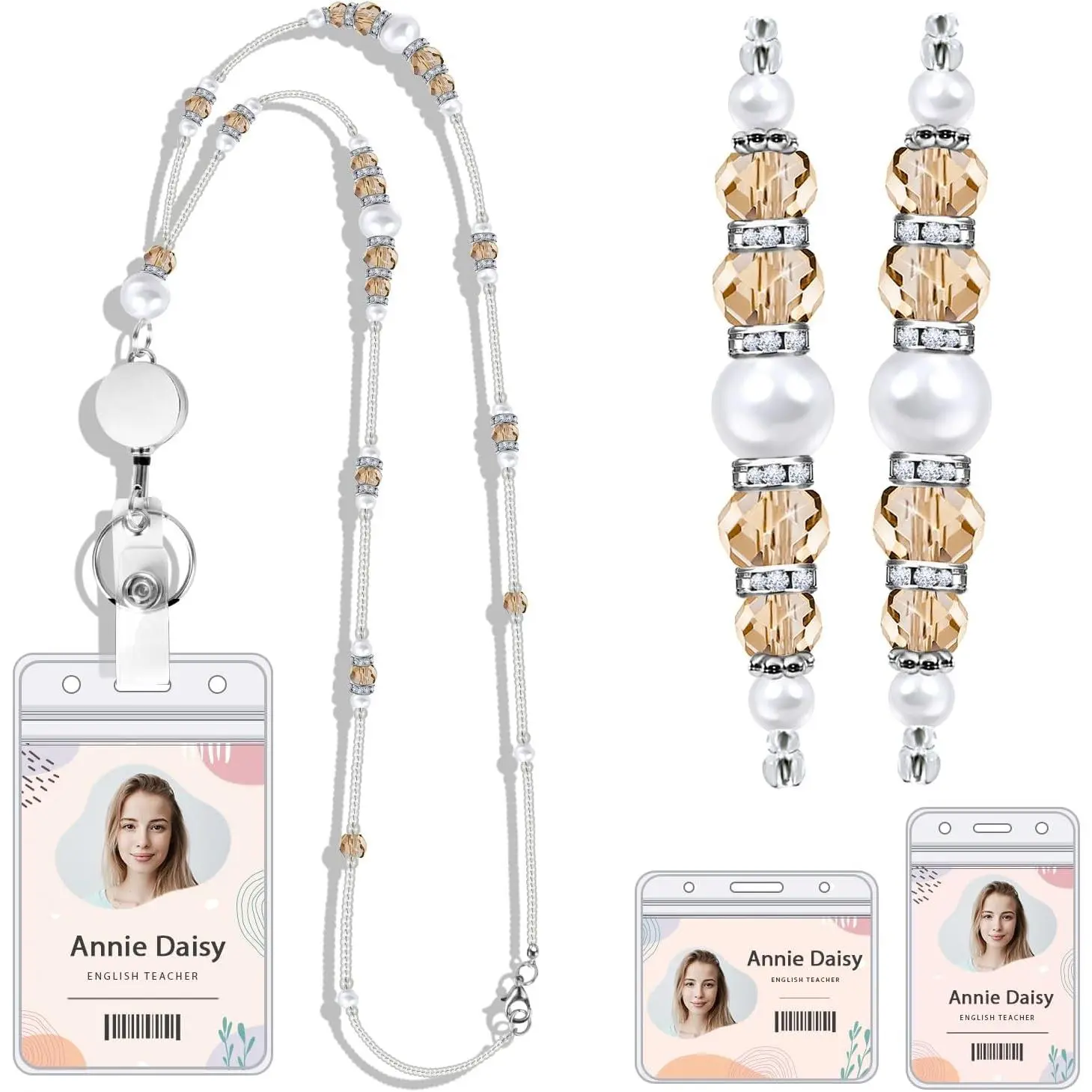 Teacher Lanyards for ID Badges and , Beaded Retractable Reel Badge Lanyards with ID Holder for Women, Graceful  and  (Electroplated Champagne)