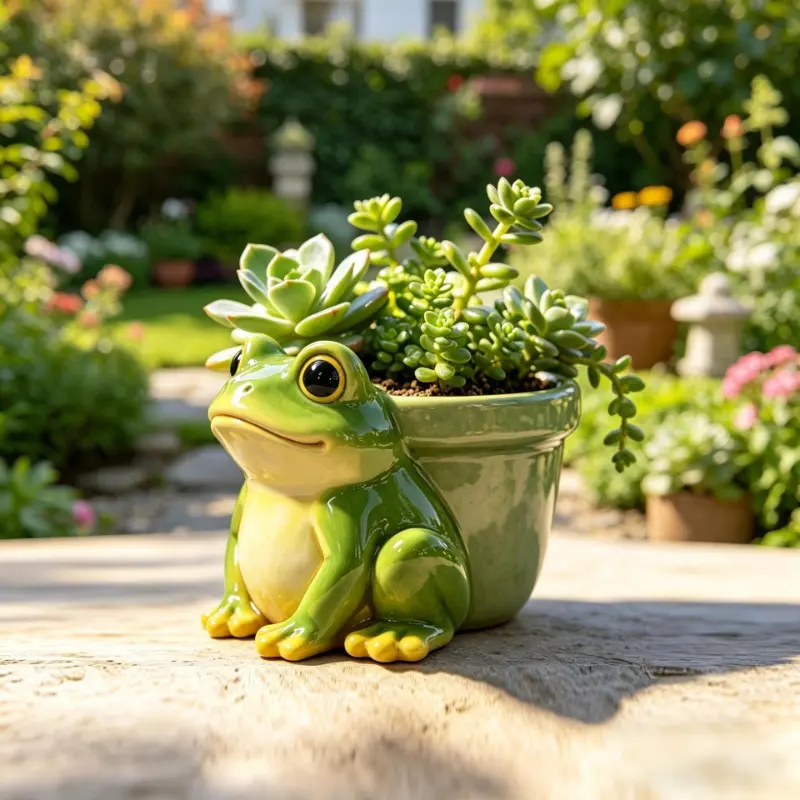 Whimsical Frog Planter, Seated Synthetic Resin Animal Sculpture, Small Size Pot for Indoor & Outdoor Garden Decor, Weather-Resistant