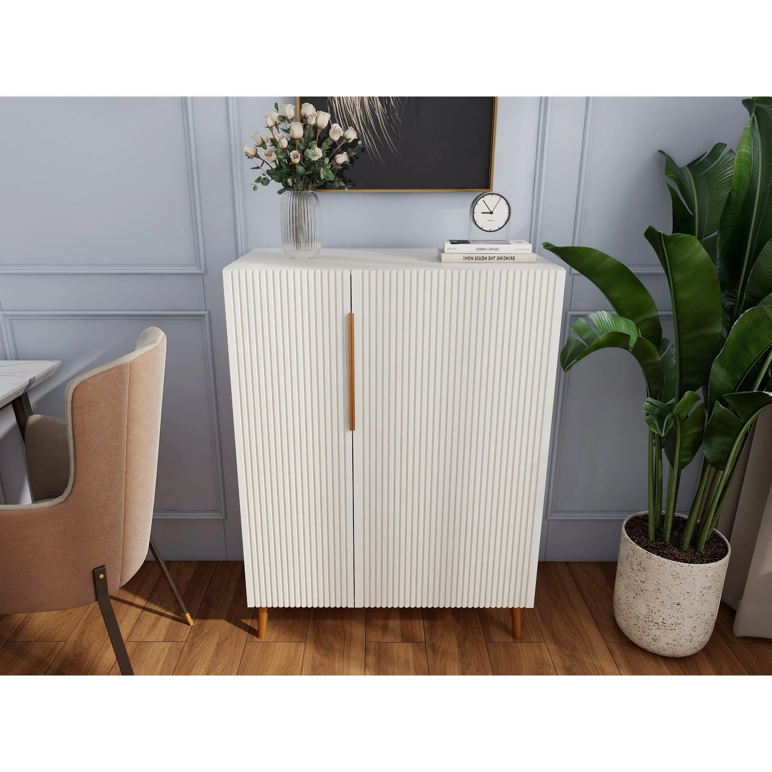 ARCH Modern White Sideboard Cabinet with Gold Handles, Engineered Wood Buffet Storage for Dining Room Kitchen Living Room, 16.5W x 31.5D x 42.9H in, Ancient White, Ancient White Color Options, Engineered Wood Material, Modern Style