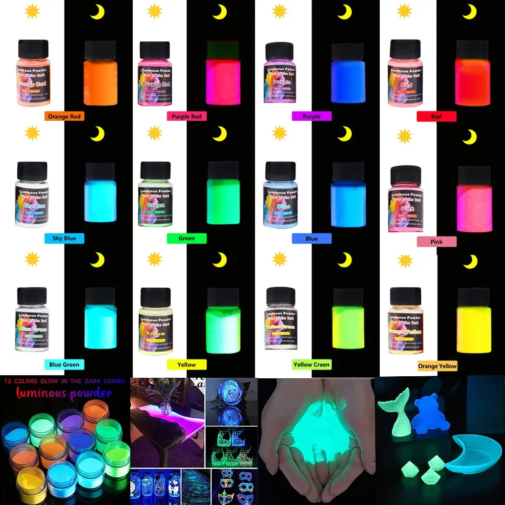 Glow in the Dark Pigment Powder Set 12 Colors, Premium Quality Luminous Powder for Epoxy Resin, Nail Design, Fine Art, DIY Crafts, Halloween & Party Decor
