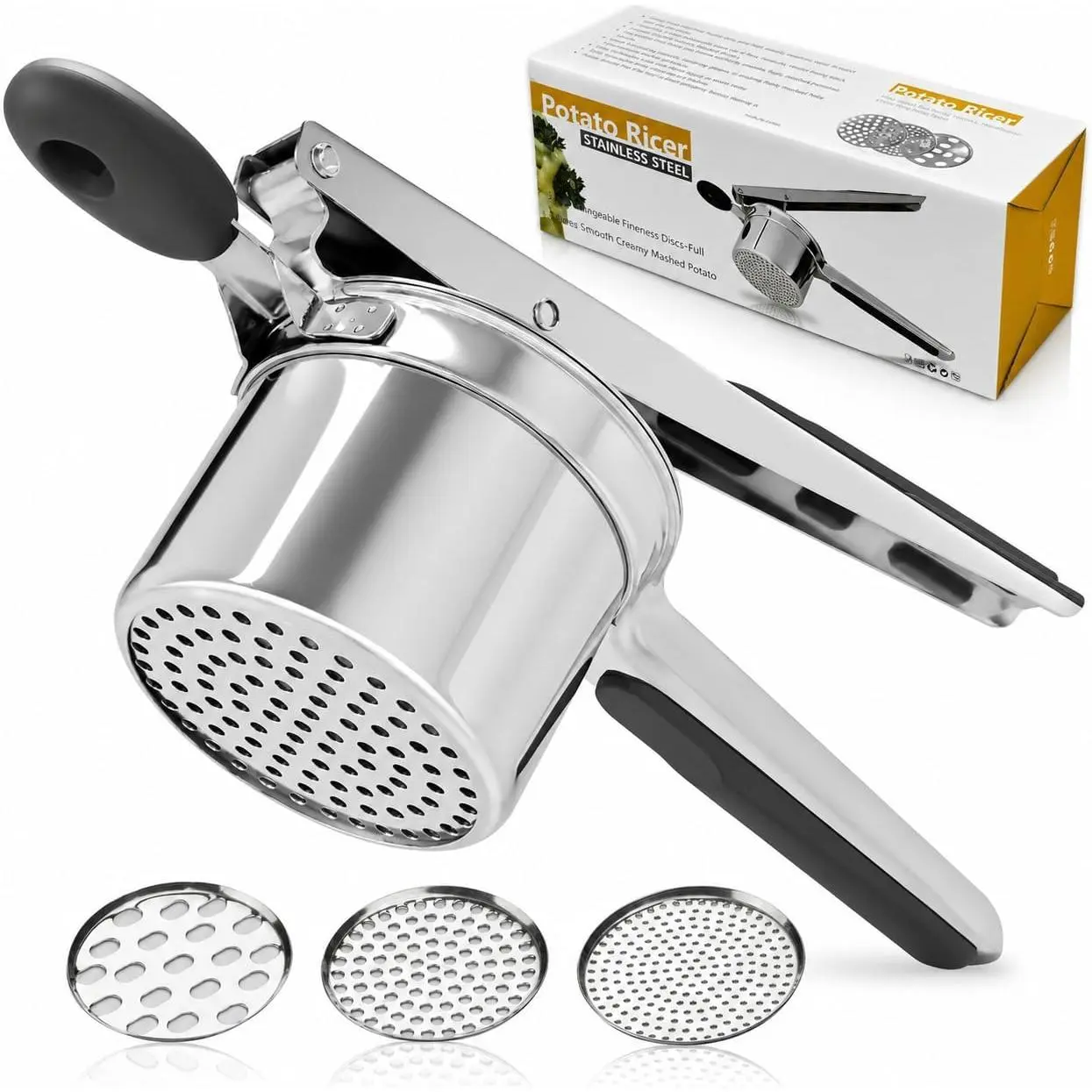 15oz Heavy-Duty Stainless Steel Potato Ricer - Single Unit with 3 Interchangeable Discs, Silicone Grip Handle, Steel+Silicon Kitchen Press for Mashing/Juice of Potatoes, Fruit