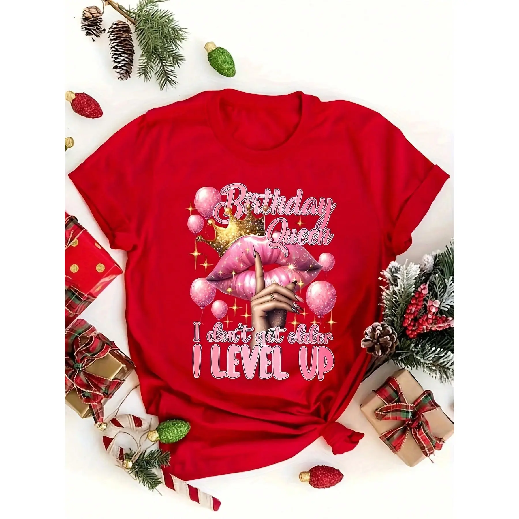 Plus Size-Queen's Birthday Print + Short Sleeve + Round Neck T-Shirt