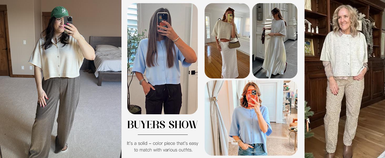 FMEYOA Womens Half Sleeve Cardigan Sweaters Cropped Button Down Tops Oversized Lightweight Ribbed Knit Summer Outfits