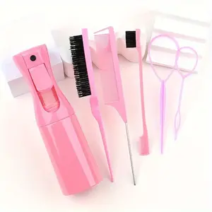 6pcs Women's Hair Styling Set, Includes Teasing Brush, Rat Tail Comb, Braid Rings, Edge Control Brush & Hair Spray Bottle, Professional Hair Styling Kit & Hair Accessories for Braiding