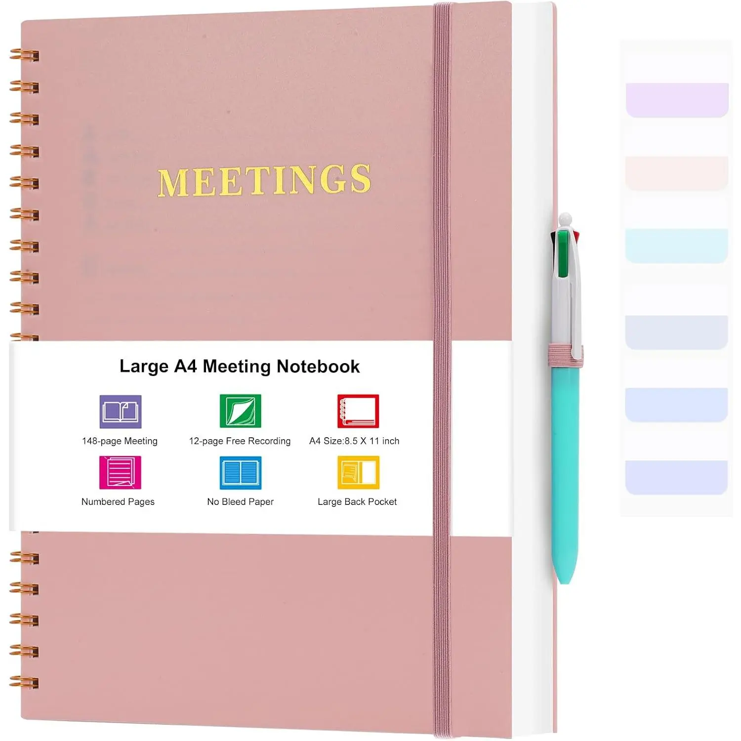 Meeting Notebook for Work, Notebooks for Work 8.5" x 11", Professional Meeting Notes Notebook for Women Men, Large Spiral Notebook with Numbered Page, Sticky Tabs, PVC Pockets for Organization,