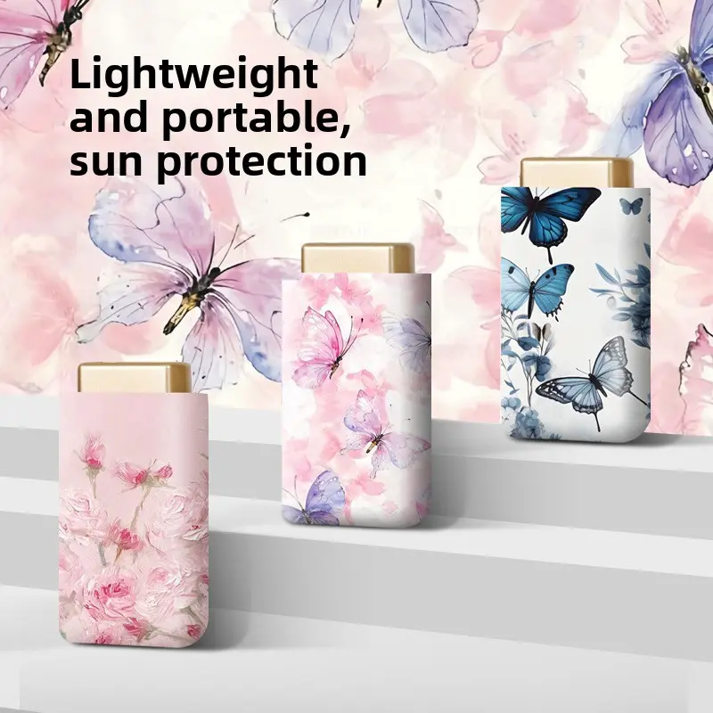 6-Fold Ultra-Light Flat Mini Pocket Umbrella with All-Over Butterfly Floral Print, Folding EVA Portable UV-Resistant Sun-Rain Umbrella for Fishing, Microfibre Cover Compatible with Purses & Small Bags, Dream Butterfly, All Over Print