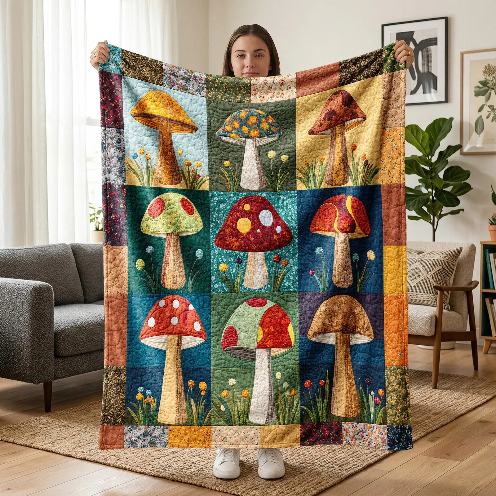 1pc Vintage Patchwork Mushroom 3D Embroidery Fleece Blanket, Graphic Throw Blanket, Colorful Toadstool Grid Quilt Fabric Print, Forest Cottagecore Retro Style, Soft Multi-use Throw for Sofa, Bed, Ideal for Forest Farmhouse Lovers Gifts