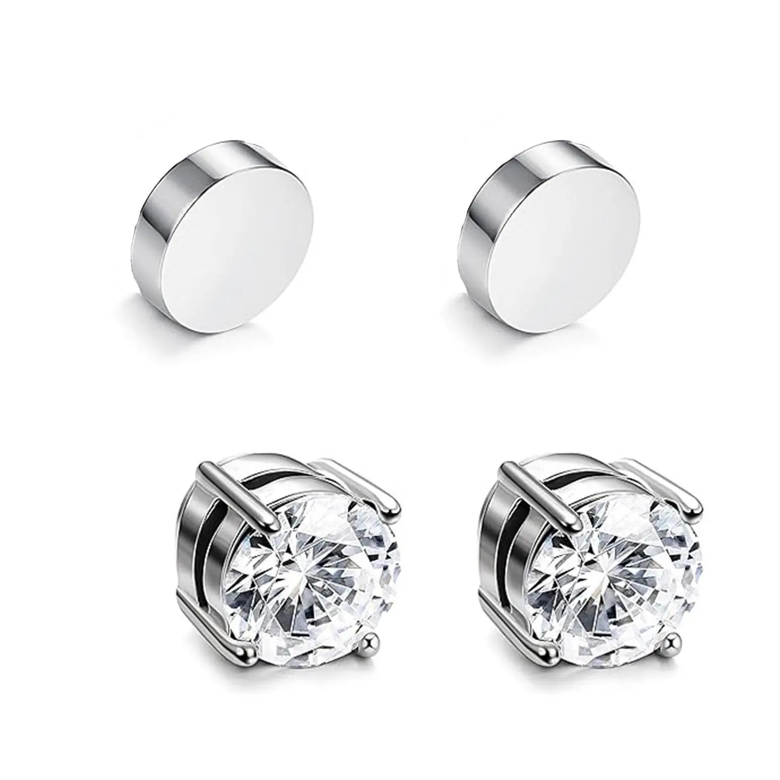Stainless Steel Magnetic Stud Earrings for Men Women Non-piercing CZ 6-8mm, no piercing ears, anti-allergic
