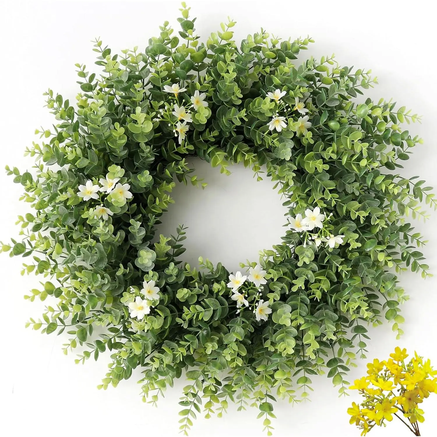 24" Large Eucalyptus Wreath for Front Door - All Season Artificial Greenery Wreath with White & Yellow Blossoms - Full Front Door Wreath for Porch, Farmhouse Entryway & Home Wall Decor