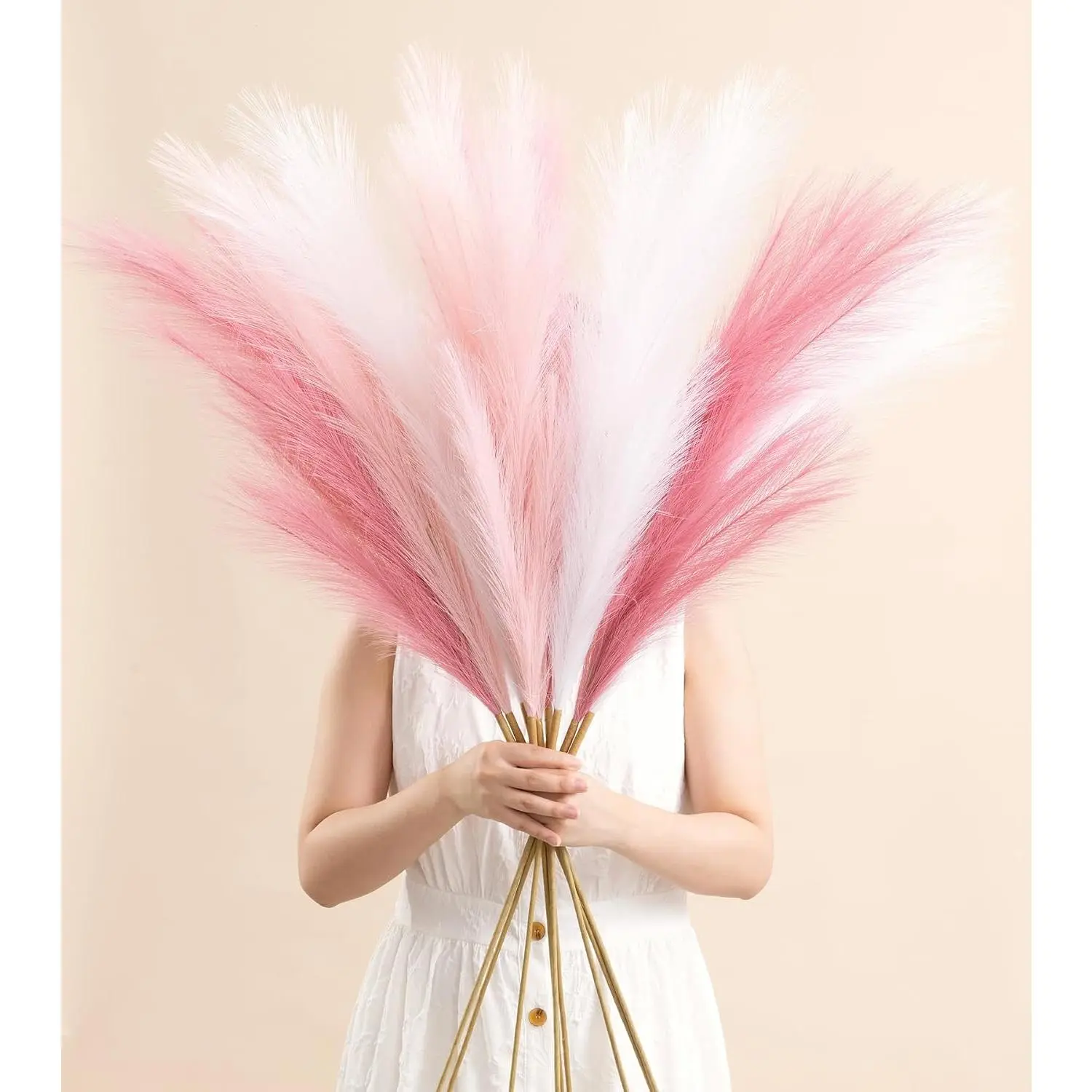 9 count 45" Pampas Grass Tall  White Decor Faux Dried   Long Light  Pompas Artificial Pompous Stems Bouquet Flower Vase Filler  Wedding Room Wall Decoration