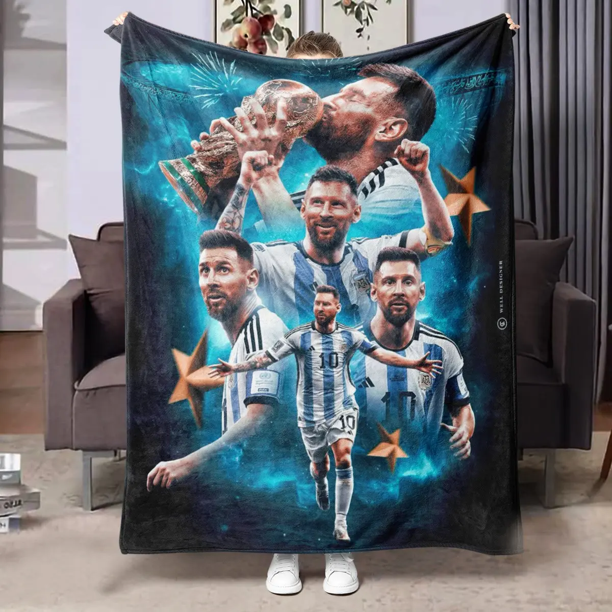 1pc Blue-Black Starry Sky Messi World Cup Champion Themed Fleece Blanket, full print multi-portrait Messi, FIFA World Cup trophy, Argentina No.10 jersey, golden champion five-pointed stars, fireworks stadium light effects, Qatar World Cup venue outline, p