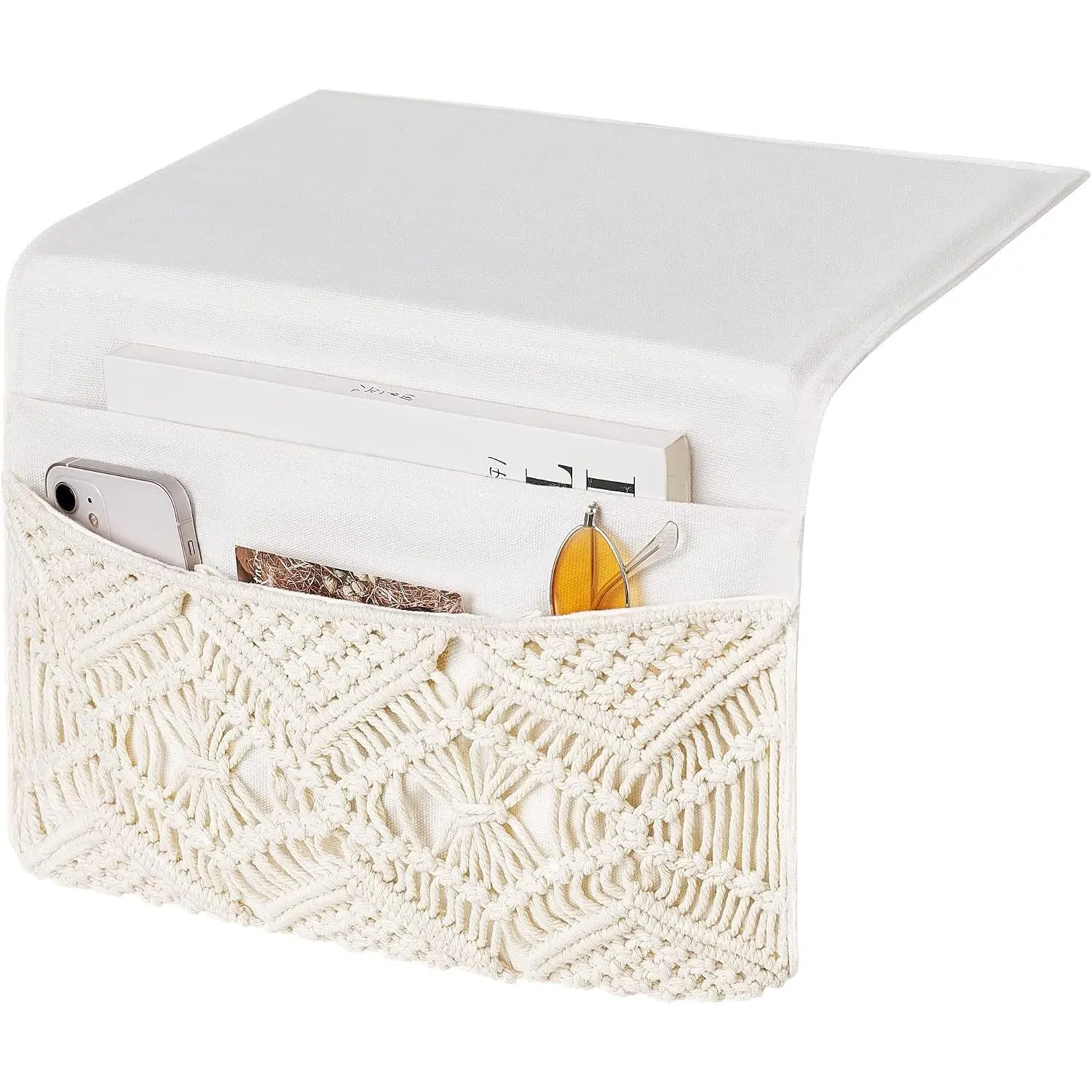 Macrame Bedside Caddy Storage Organizer Boho Remote Control Tablet Magazine Holder with 4 Pockets Non-slip Countertop Bedside Caddy for Home Bedroom Living Room College Dorm Bed, Ivory
