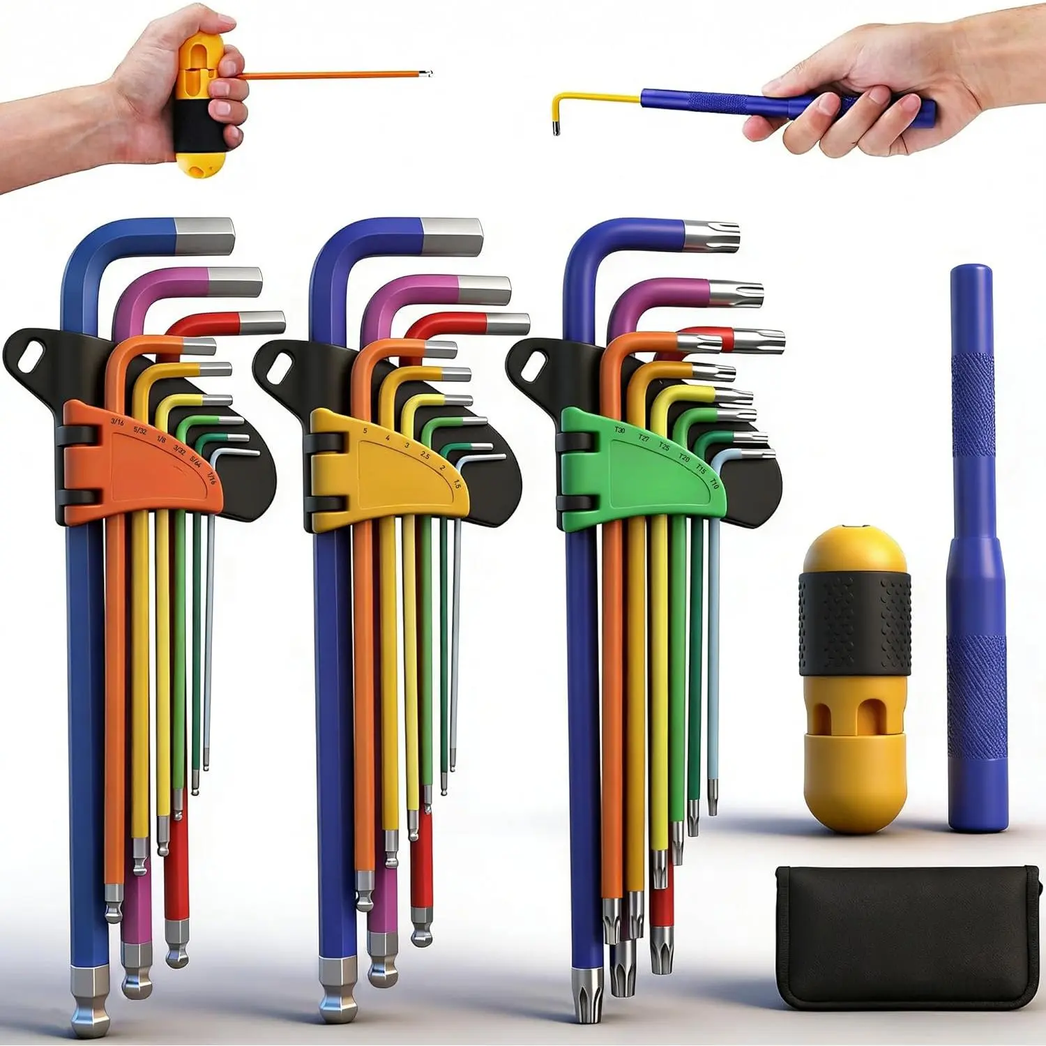 29-Piece Hex & Torx Key Set: Rainbow Colored Allen Wrench Set, SAE(1/16"-3/8") & Metric(1.5mm-10mm) & Torx(T10-T50), Long Arm Ball End, Allen Keys with T-Handle and Extension Bar