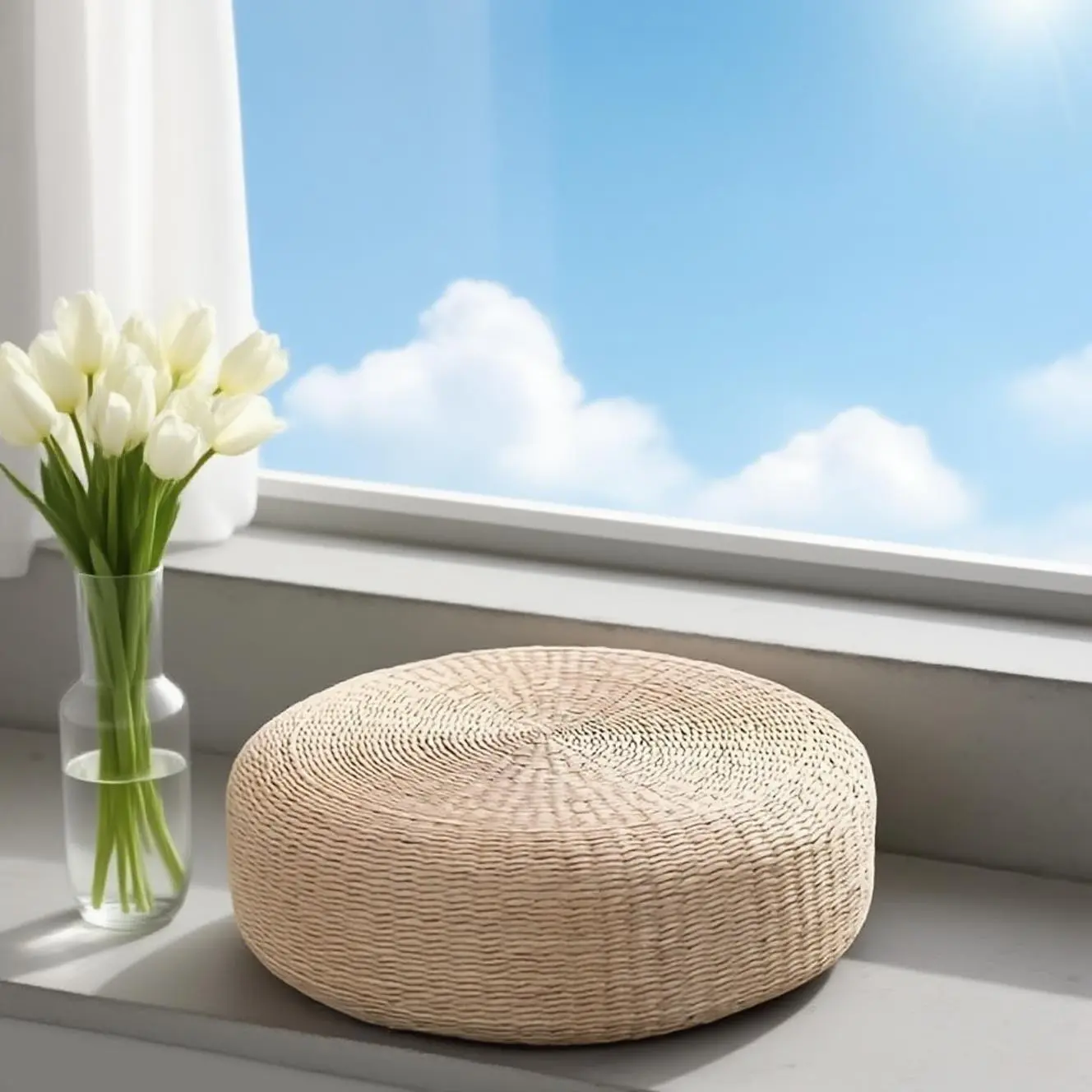 Handmade Woven Rattan Floor Mat Cushion, Natural Round Meditation Pillow, Epe Foam Fill, Comfortable Tatami Seat, Ideal for Living Room, Tea Room, Yoga Studio, Floor Cushions For Sitting