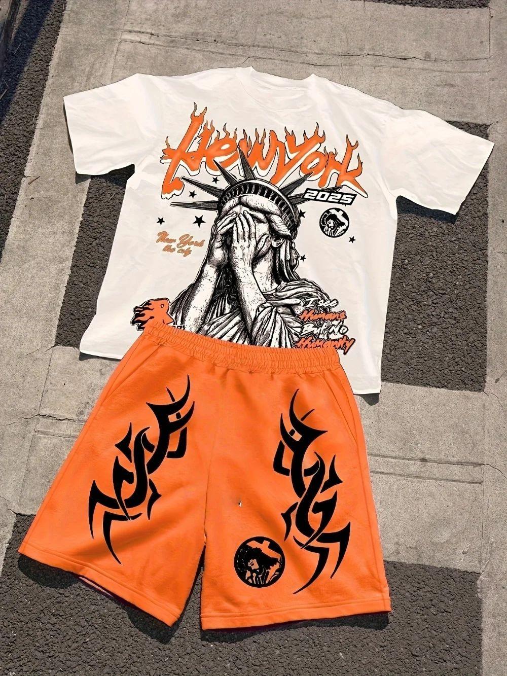 Hot Selling New Men's Statue of Liberty Printed Round Neck Breathable T-shirt and Shorts Outdoor Comfortable Two-piece Set