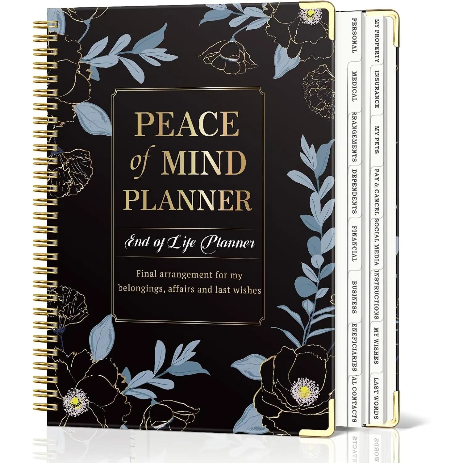 Peace of Mind Planner, Spiral End of Life Planner with Tabs for Senior, Guided Estate Planning Organizer for Final Arrangements & Important Affairs, 7.9"x10.6", Black