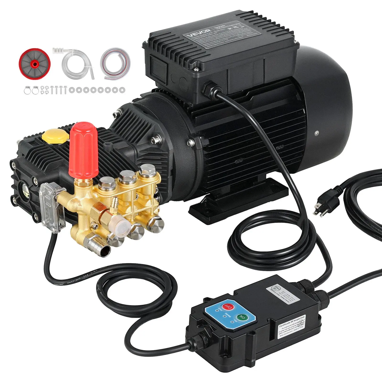 Electric Pressure Washer Pump Kit, 1220 PSI, 2.2 GPM, Triplex Power Washer Pump with 2 HP Motor 120 V, Adjustable Water Pressure, for Washing Cars, Gardens, Exterior Walls, Deck, Machinery Equipment