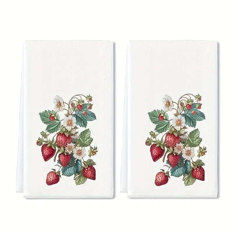 2-Pack Strawberry and Floral Kitchen Towels, Kitchen Cleaning Towels (16x24 Inches) - Machine-Washable Polyester Cloths with Vintage Grid Pattern, Decorative Hand Towels for Kitchen and Bathroom - Perfect Gift for Valentine's Day, Housewarmings