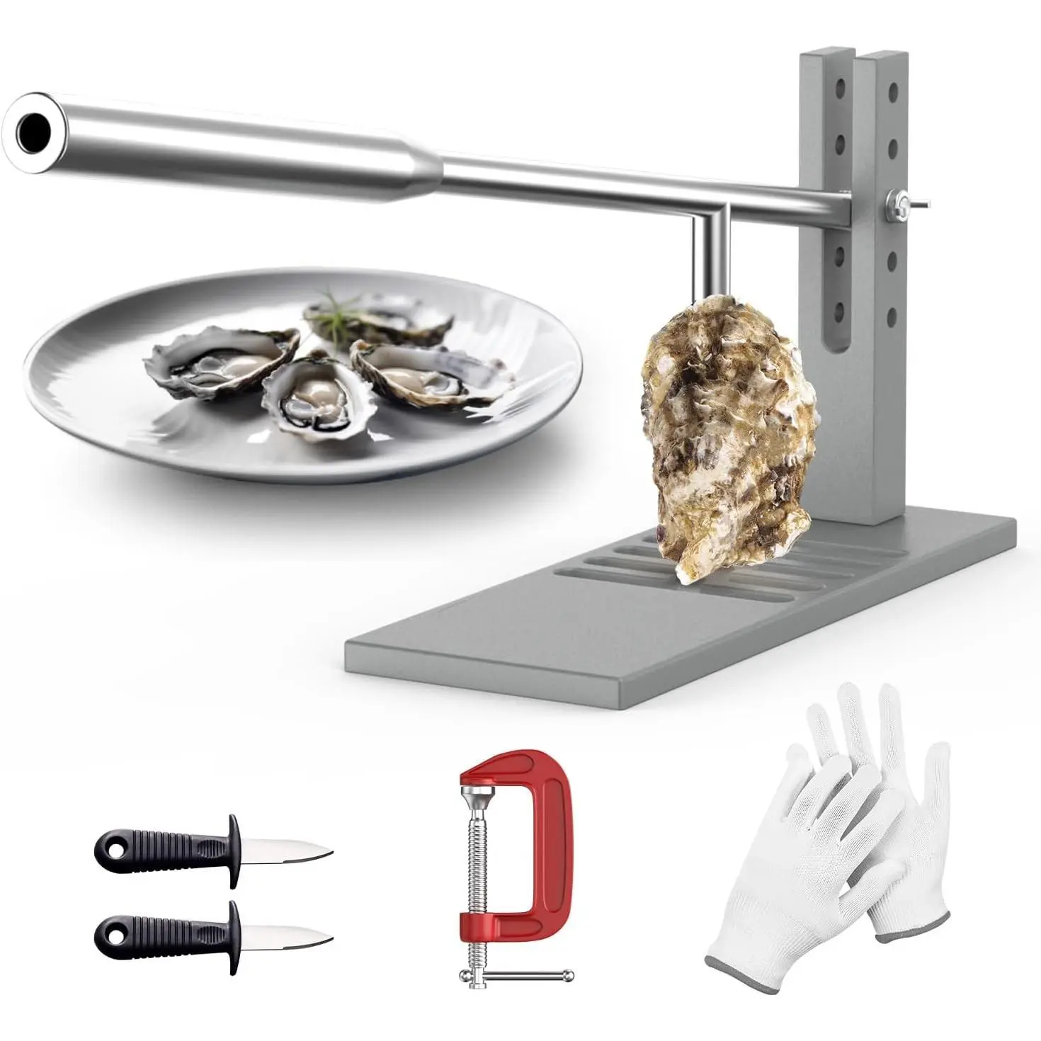 Stainless Steel Oyster Shucker Tool Set, Portable Easy to Use Oyster Opener for Home Use, Includes 2 Oyster Shucking Knives, 1 Pair of Gloves & 1 G-Clamp