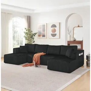132" U Shaped Modular Sectional Sofa, Comfy Compressed Cloud Couch with Side Pockets, Modern Minimalist Corduroy Memory Foam Sleeper Sofa for Living Room, No Assembly Required, Black