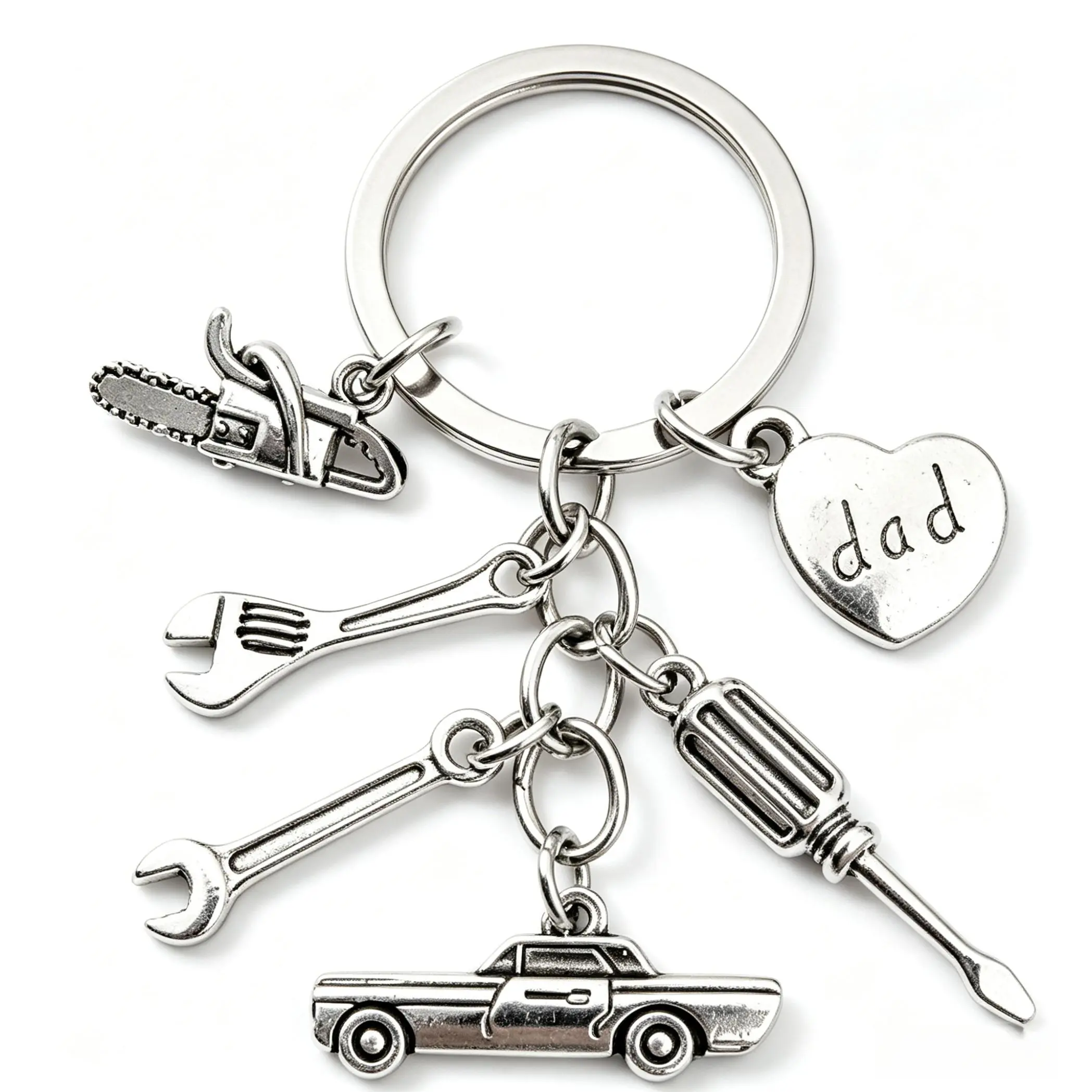 Dad Multi Tool Vintage Car Keychain| Antique Silver Wrench Screwdriver Chainsaw Heart Charm Key Ring, Masculine Workshop Accessory for Dad Birthday Father’s Day & Heartfelt Sentimental Gift for Mechanic Woodworker