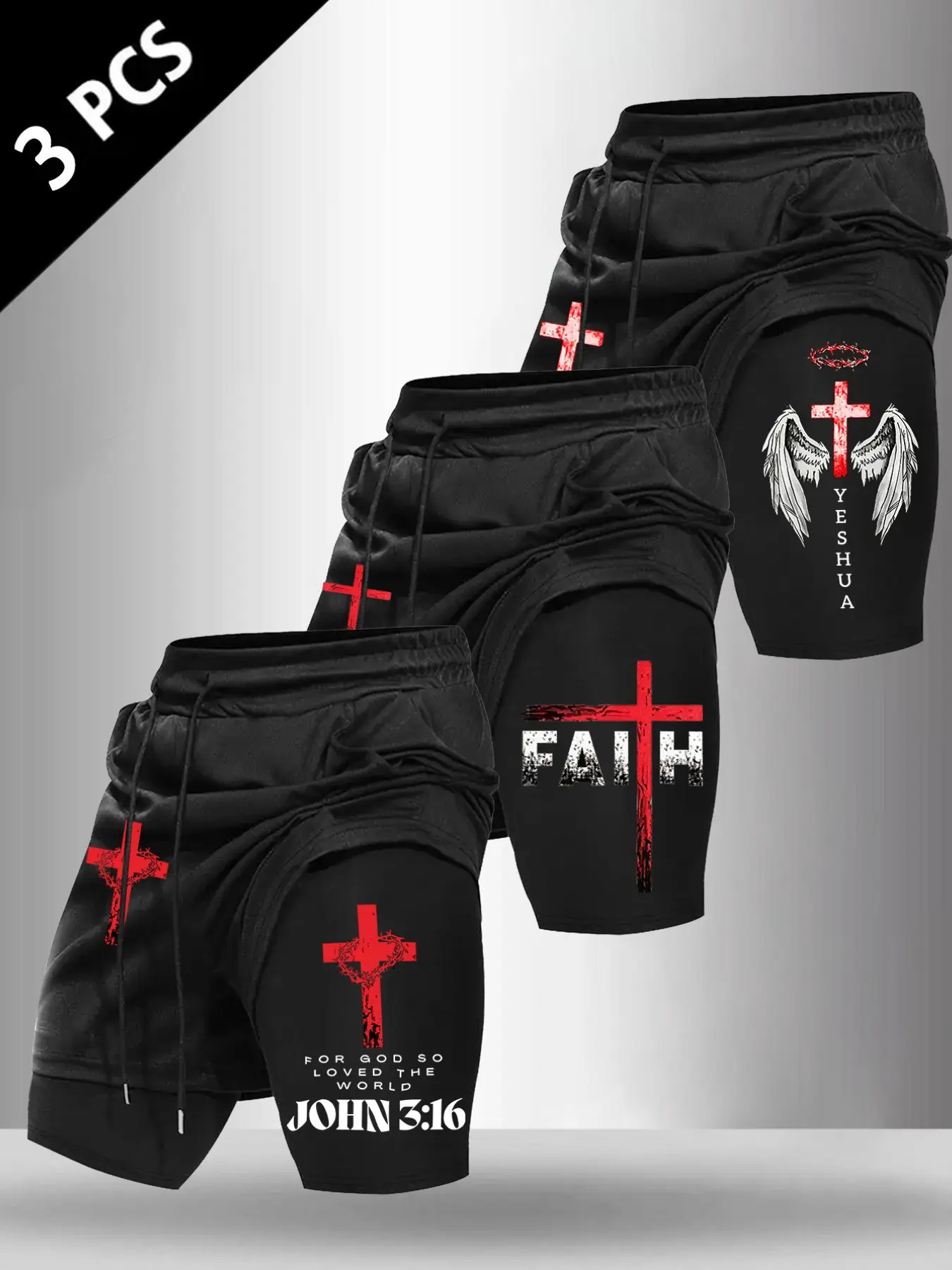 3 PCS Men Double Layer Drawstring Workout Shorts, Active Shorts Faith Cross Wings John 3:16 Crown Of Thorns Religious Graphic Print Elastic Waist Christian Gym Casual Streetwear Bottoms For Training Church Daily Summer Leisure Outfit