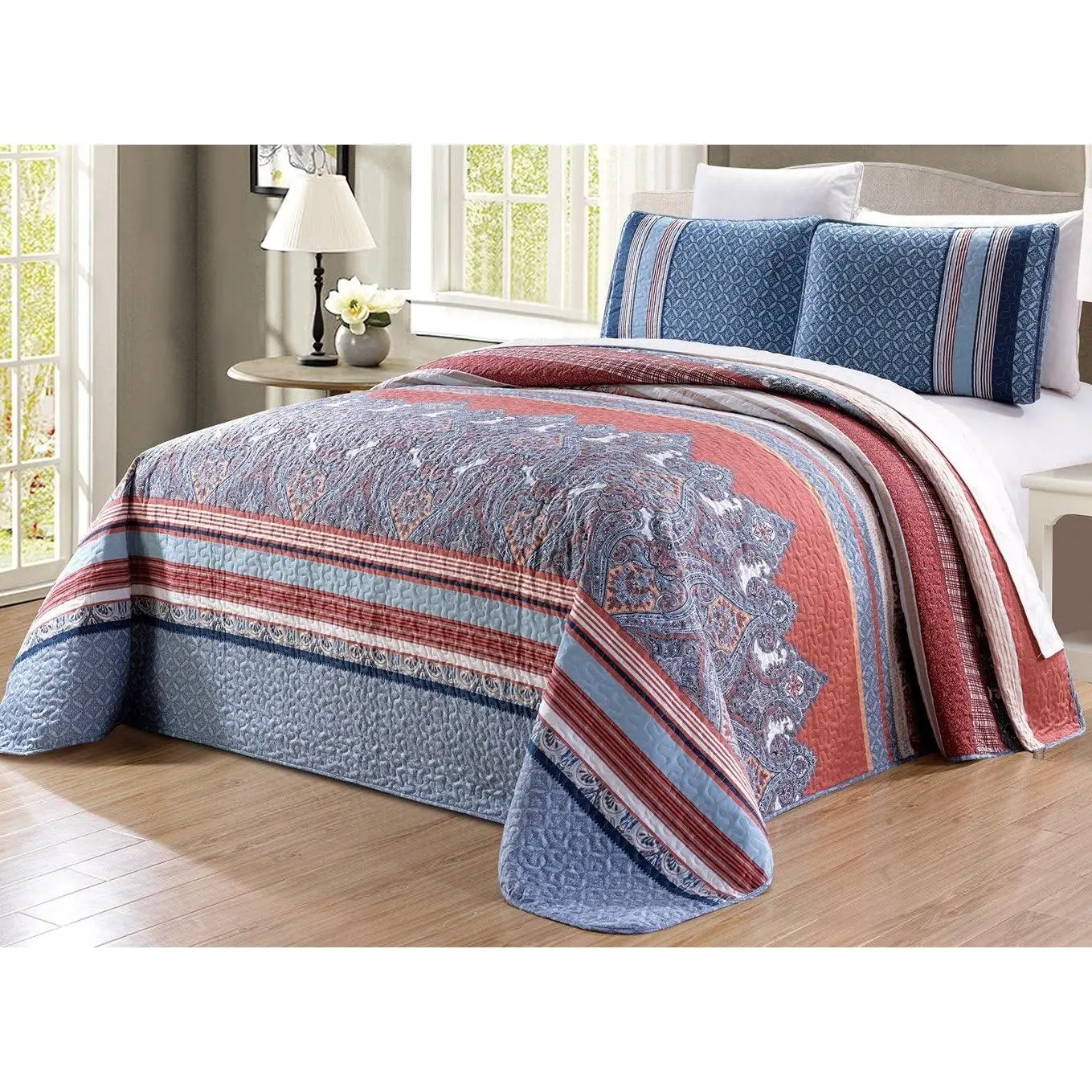 3-Piece Fine Printed (90" X 88") Quilt Set Reversible Bedspread Coverlet (Double) Full Size Bed Cover (Light Blue, Navy, Blue, Coral)