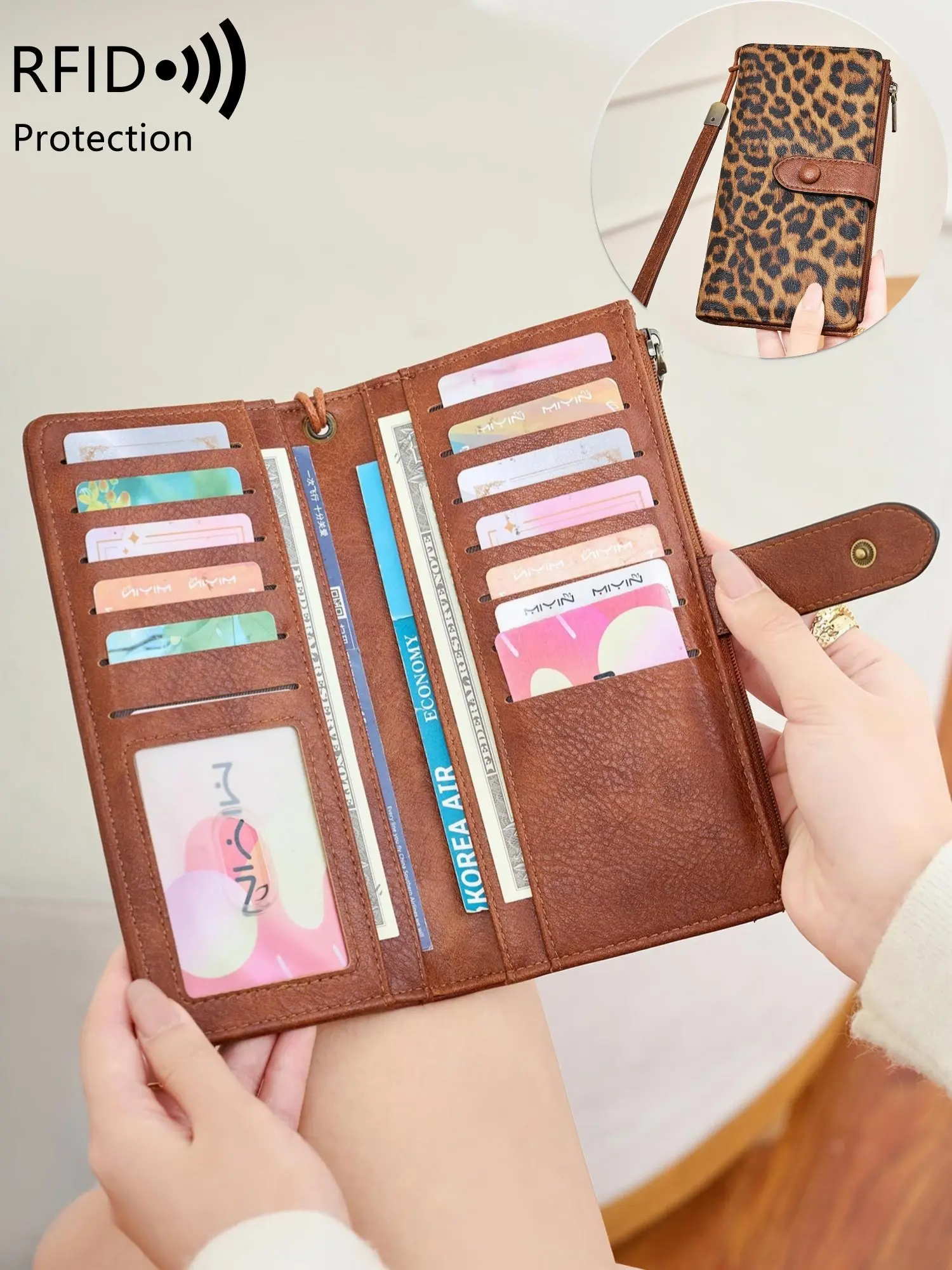 Women's vintage solid color large-capacity wallet, Trifold Wallet, Ladies Wallet, RFID anti-theft, Rfid Wallets, leather wallet, casual wallet, multiple card slots, suitable for daily use