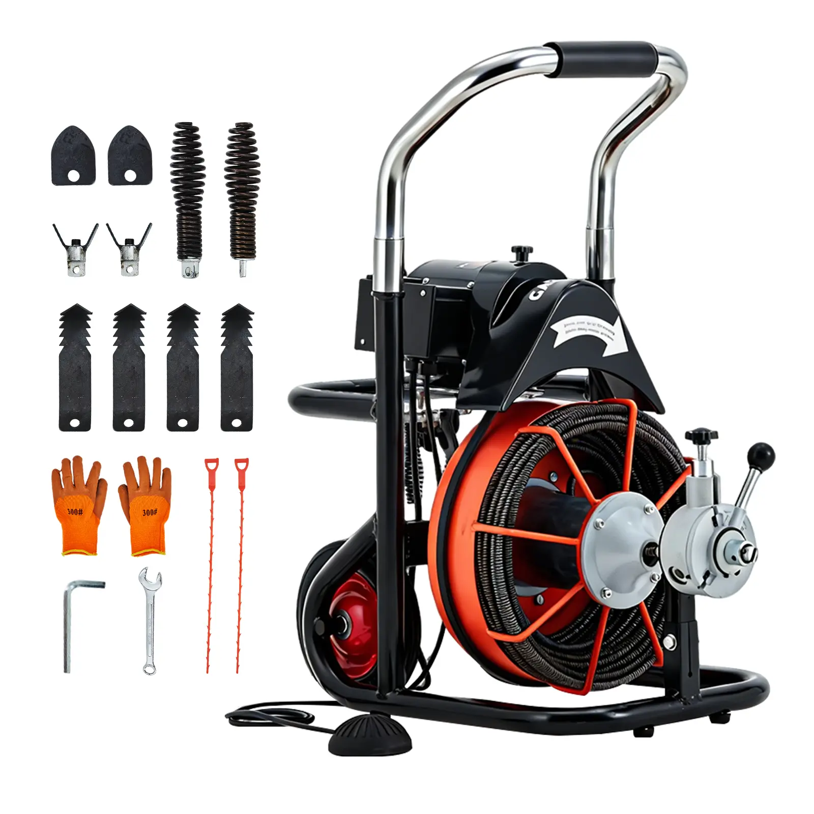 Garvee 450W Wheeled Electric Drain Cleaner Machine, Auto-Feed Sewer Snake with 100FT 3/8in Steel Cable, Air Foot Switch & 10 Cutters, Heavy-Duty Pipe Unclogger for 2"–4" Drains