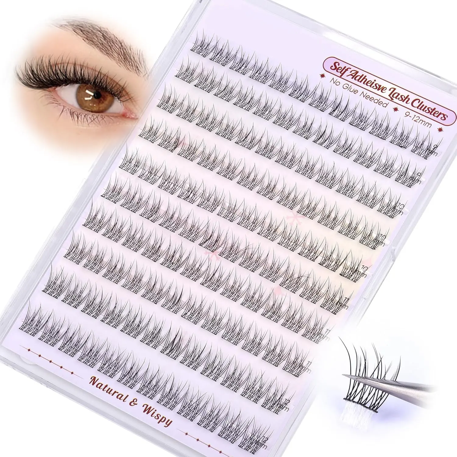 Self-Adhesive False Lashes, Voluminous Lightweight Lash Clusters, No Glue Needed, Pre-Stuck Lashes 9-12mm, Easy Application, 120 Pcs