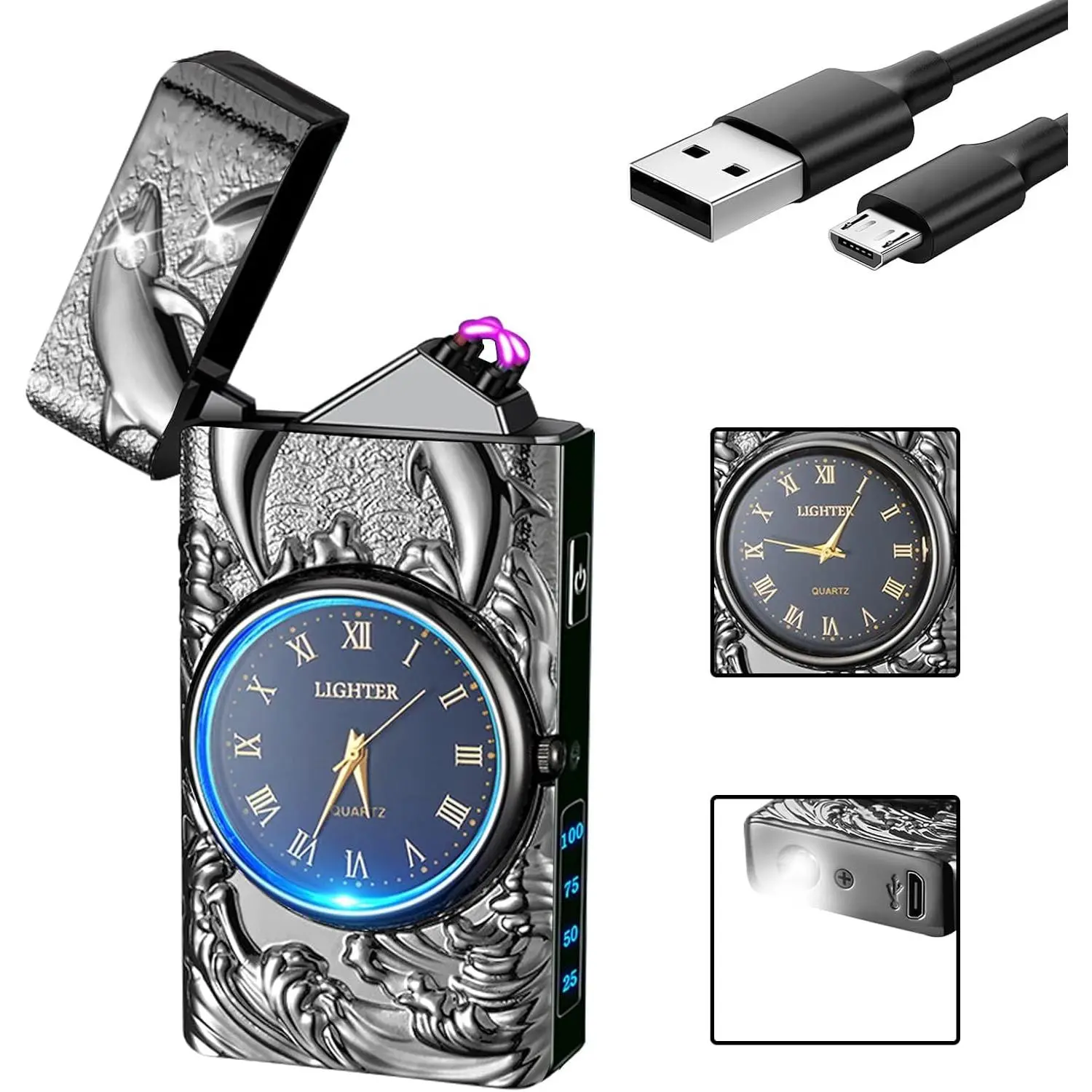 Electric Lighter Windproof Lighter Plasma Lighters with 3D Relief-in Clock LED Light for Daily Use Travel (Black)