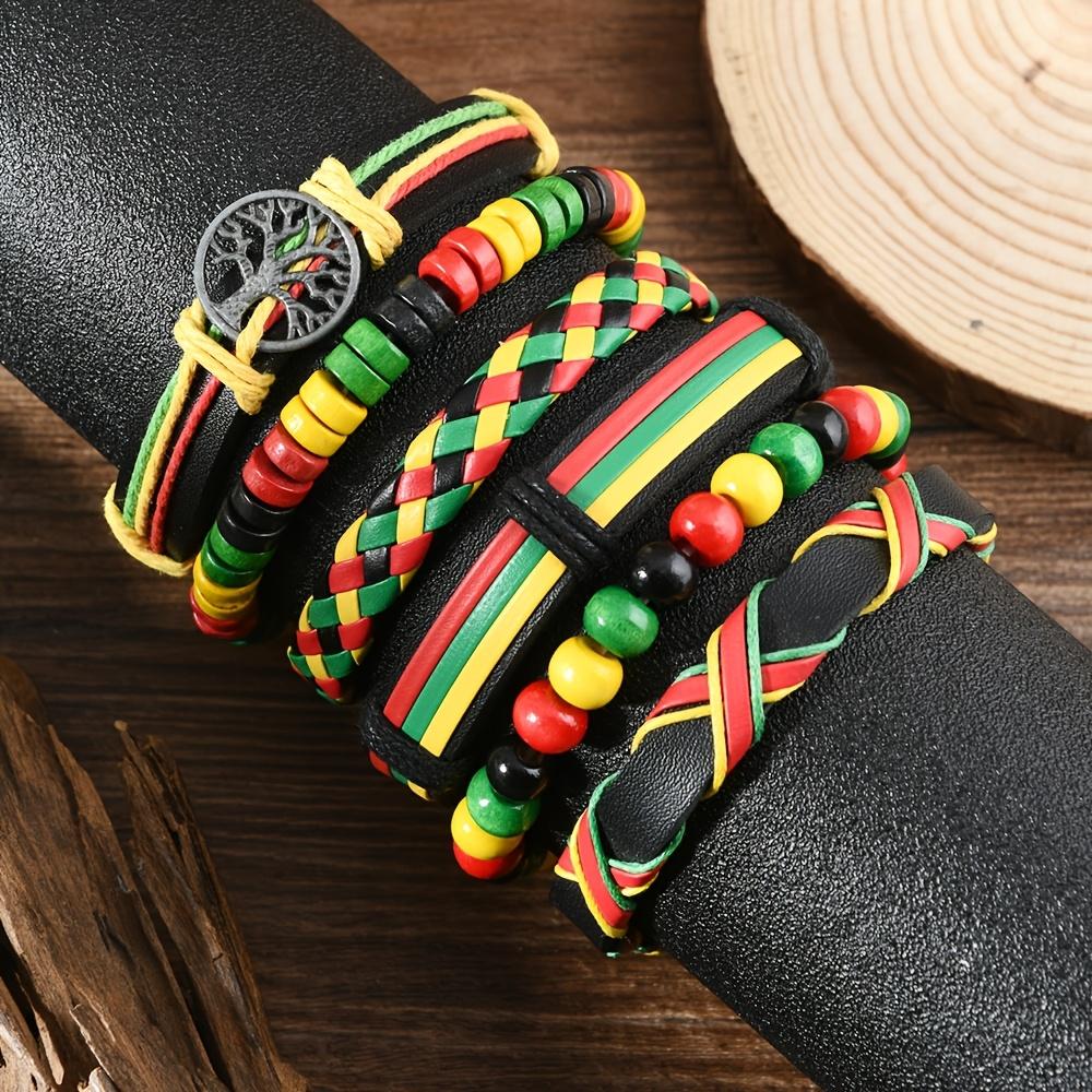 6Pcs Juneteenth Bracelets Set Handmade Retro Geometric Pattern Faux Leather Wristbands Colorful Multi-Layered Bohemian Synthetic Stone Adjustable Jamaican Style Bracelets Stackable Bangle