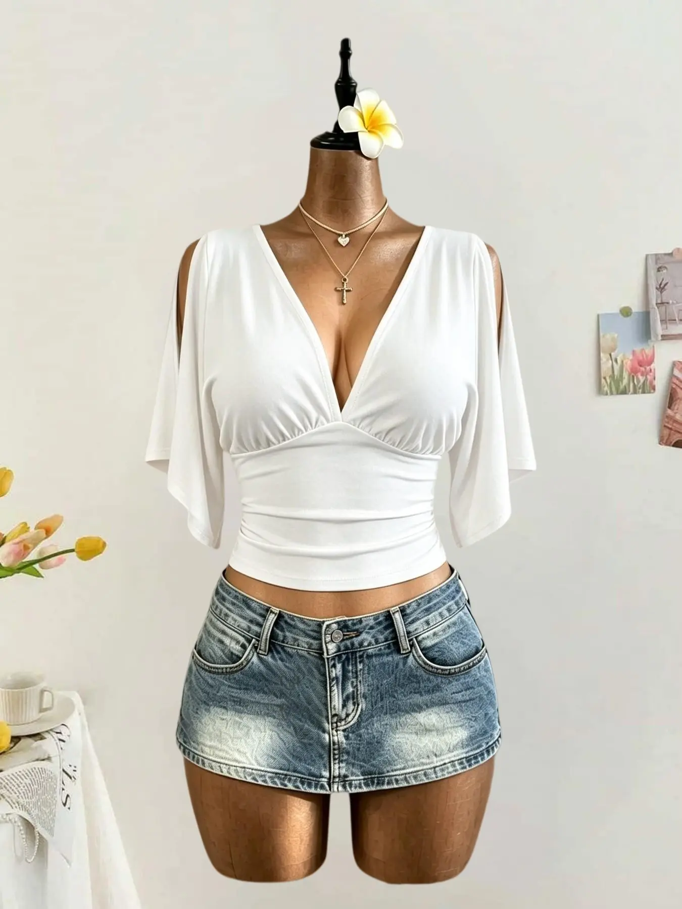 Women's Deep V Neck Off-Shoulder Batwing Sleeve Short Top, Waist-Cinch Pleated Punk T-Shirt, Y2K Casual Street Party