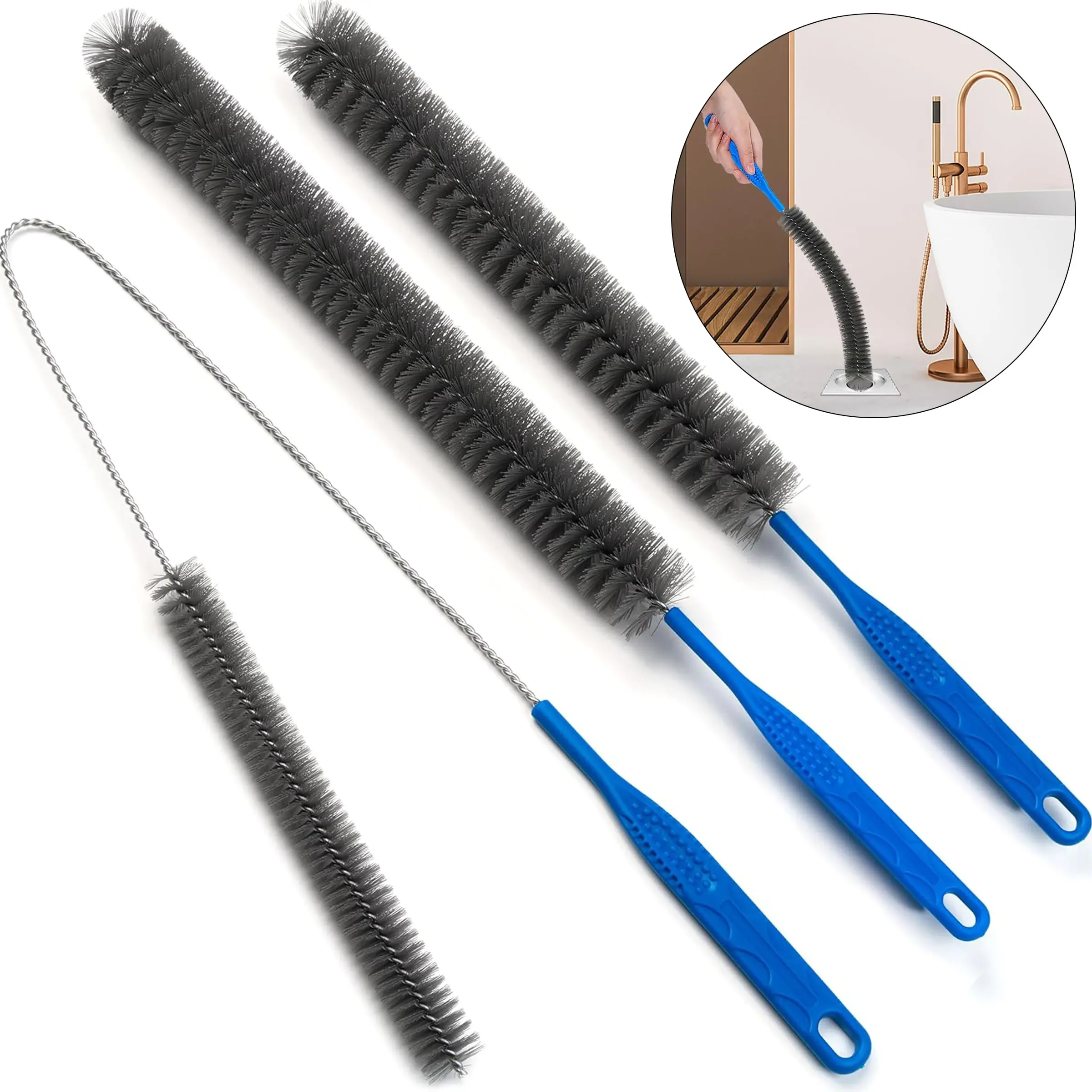 3pcs Cleaning Brush Set, Refrigerator Coil Cleaning Brush, Sewer Set Brush Clog Remover for Bathroom Drains, Sink Drains, Flexible Bathroom Bathtub Hair Clogging Cleaning Tool, Bendable Sewer Drain Brush, Long Drain Brush for Home and Kitchen Sink