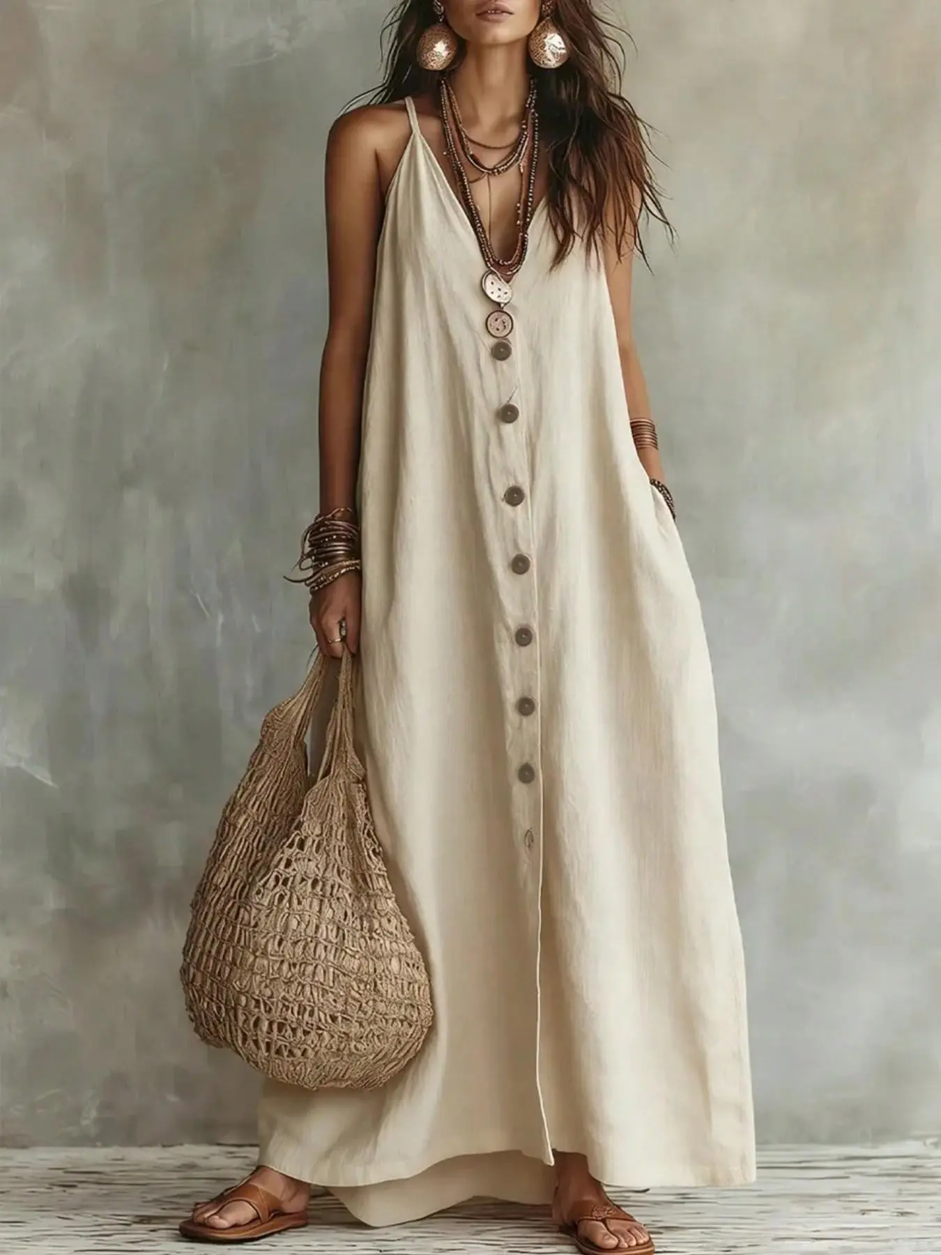 Women Textured Fabric Spaghetti Strap Sleeveless Maxi Dress, Elegant Casual Long Dress with Button and Side Pockets for Spring & Summer, Soft Comfort Outfit for Daily Commute, Dates, Gatherings, Parties & Vacations