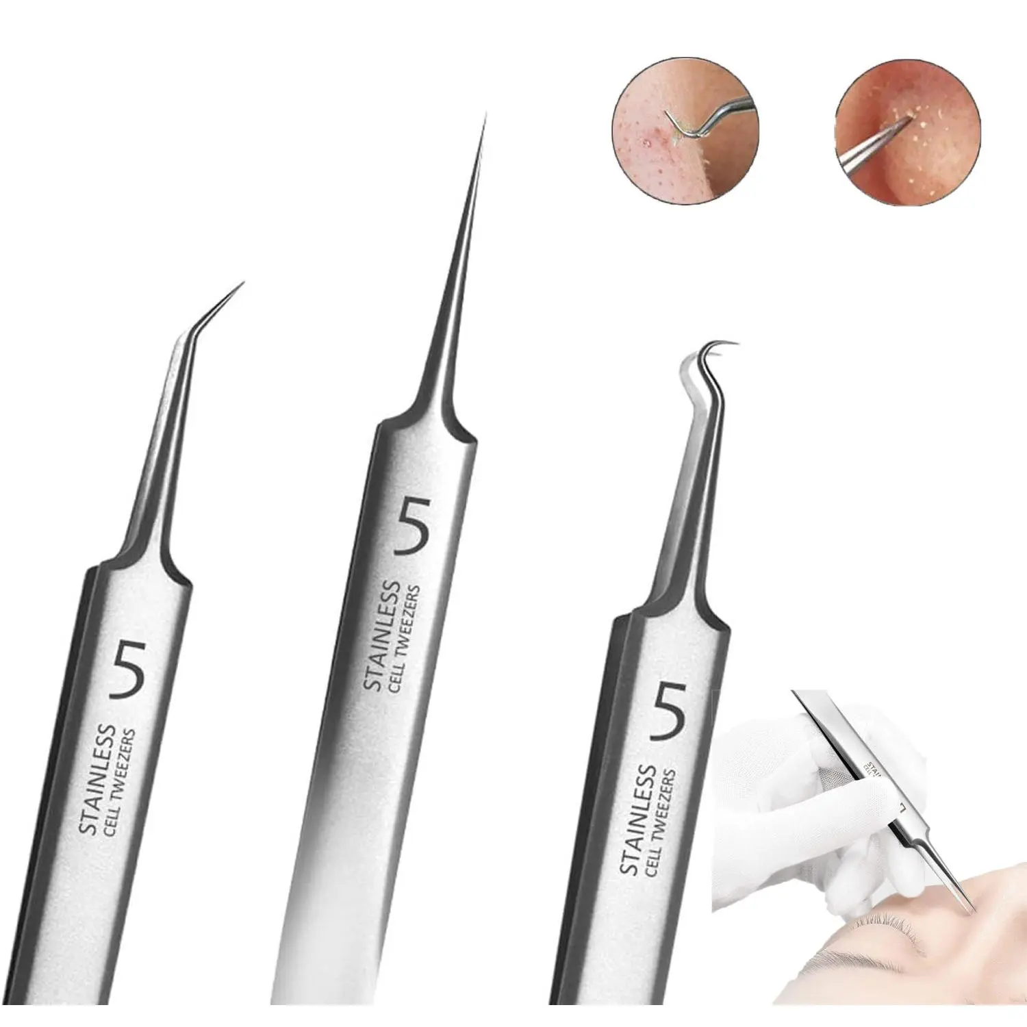3Pcs Precision Blackhead Remover Tweezers Kit, Professional Matte Stainless Steel Pimple Popper Tool, Facial Beauty Tools for Whiteheads, Acne, Blemishes and Comedones Removal for Daily Skin Care