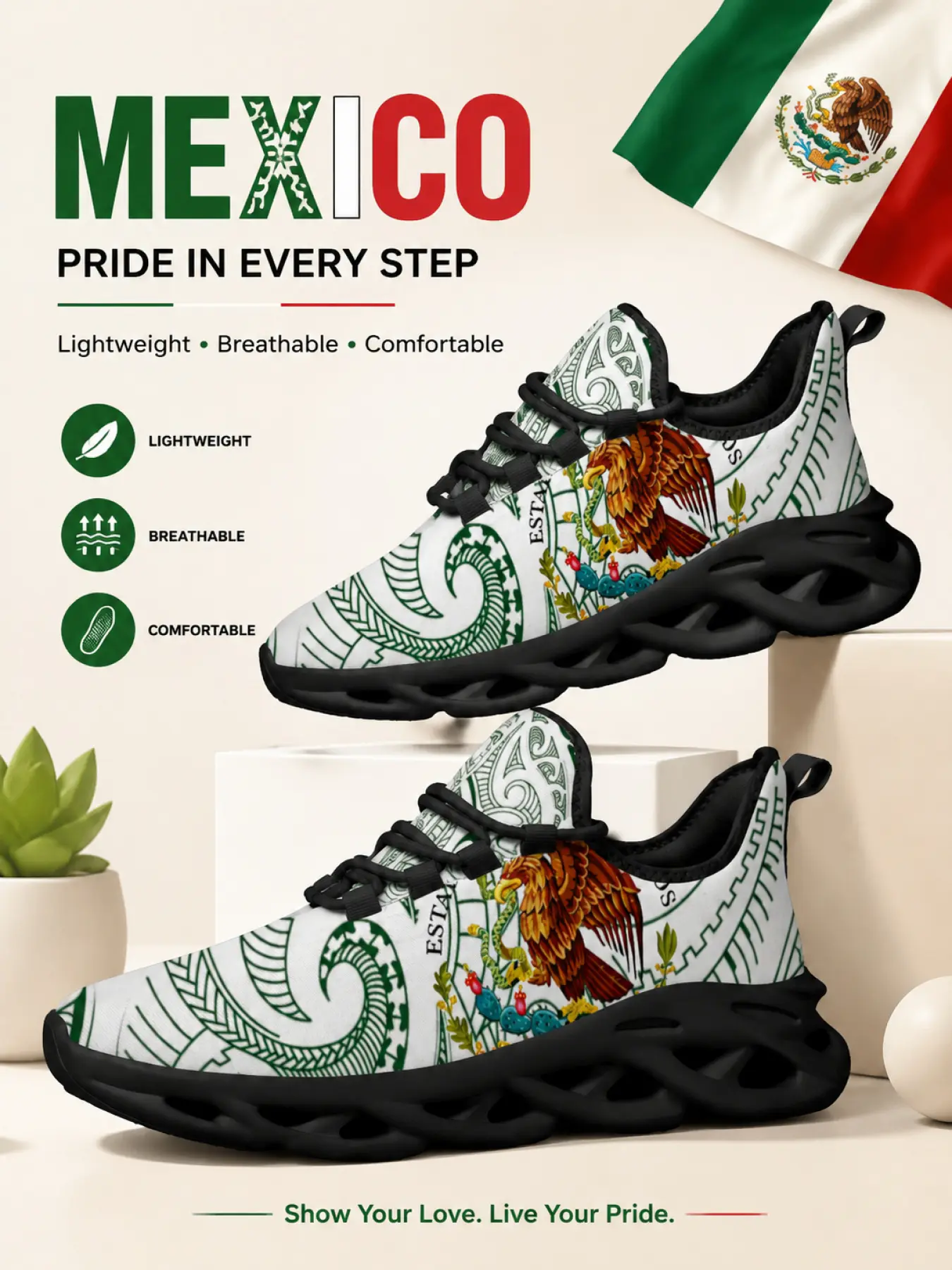 Mexico Flag Eagle Design Couple Sneakers, Casual Trainers Patriotic Print Lace Up Running Shoes Breathable Low Top Unisex Casual sports shoes Non Slip Durable Comfortable Thick Sole Outdoor Lightweight