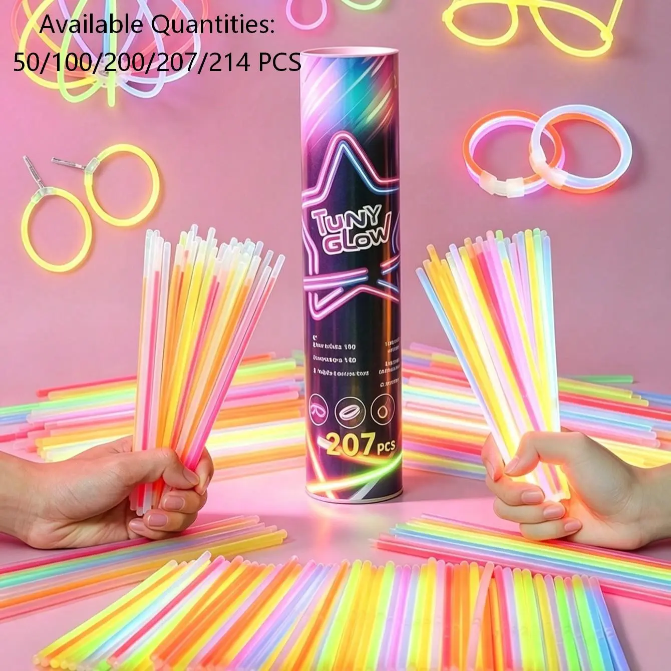 Neon Glow Sticks Party Pack, 50/100/200/207/214 Pieces, Bright Colors, Plastic Material, Night Events, Festival Decor, Lightweight