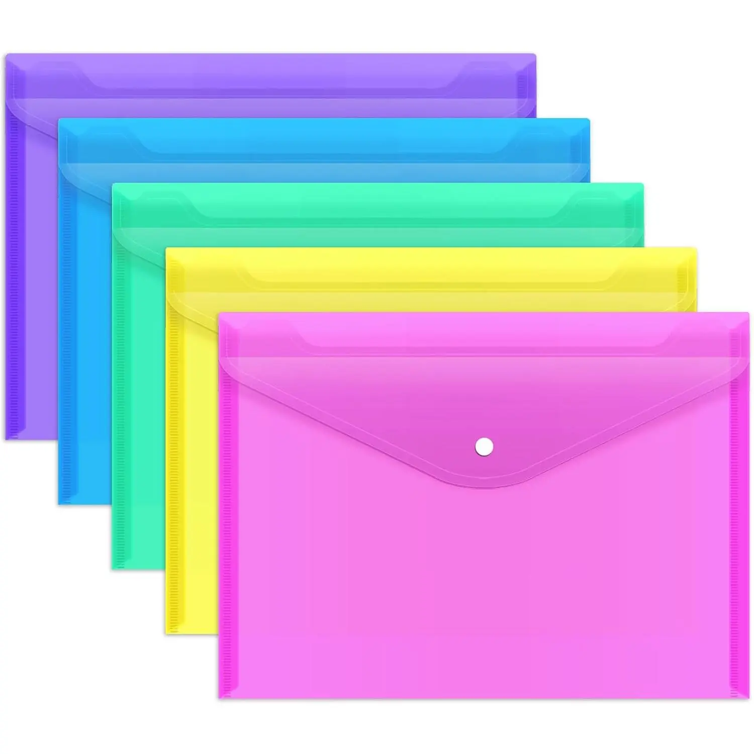 5 count Plastic Envelopes, Plastic Folders for Documents, Poly Folders with Snap Closure, A4 Size, Letter Size, for School and Office Supplies