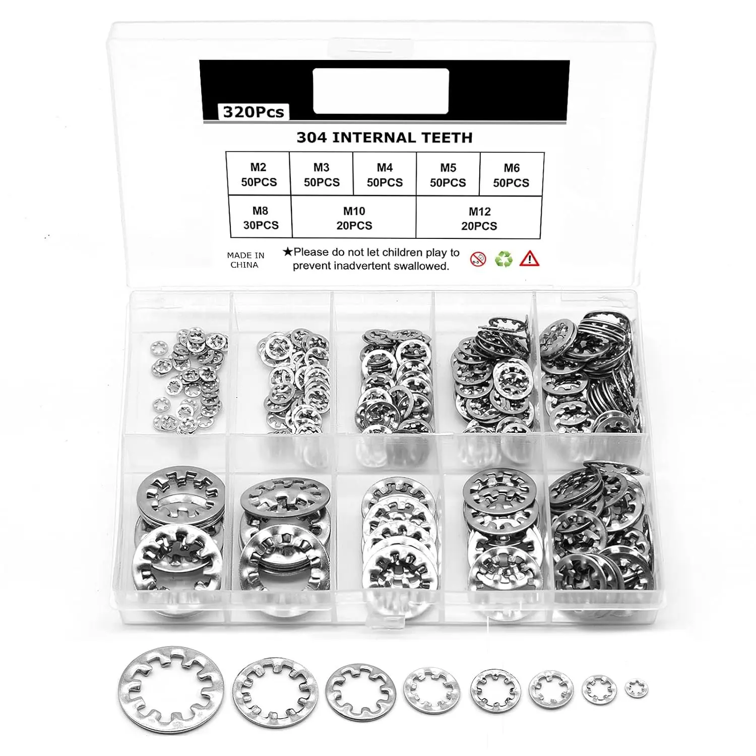 320 count Lock Washers Internal  Washer  Kit,  | 304 Stainless Steel,  Washer Wave Spring Washer, 8 Size (M2.5 M3 M4 M5 M6 M8 M10 M12)
